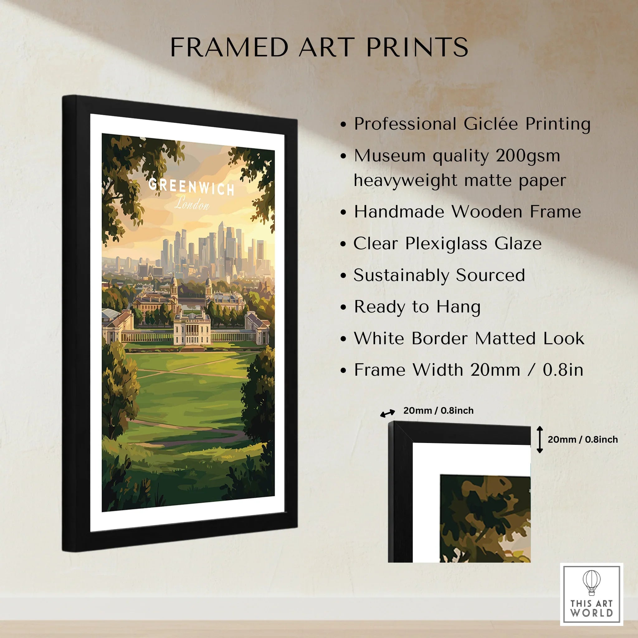 Framed Greenwich London art print with cityscape, handmade wooden frame, and matted border details