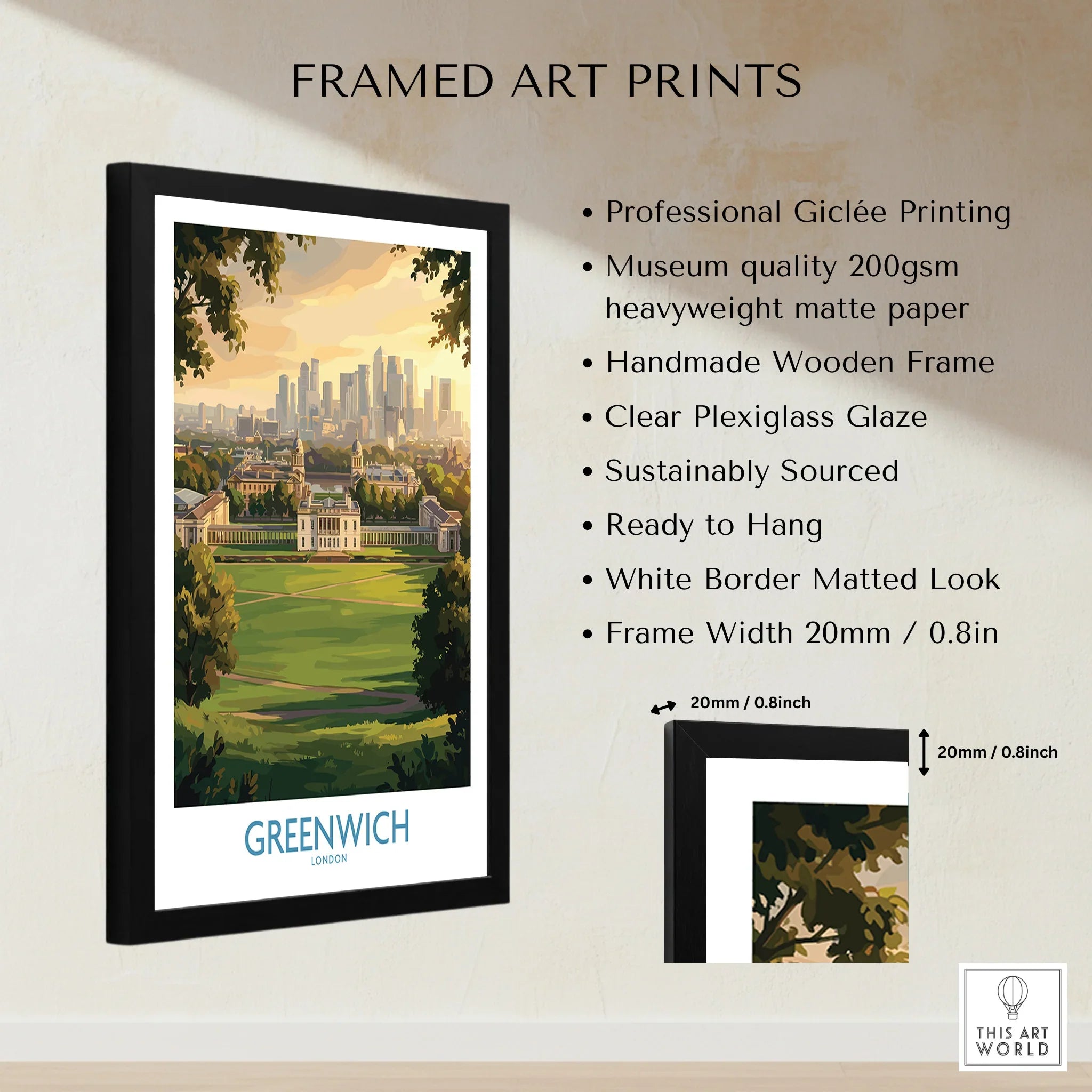 Greenwich London framed art print with skyline view, museum quality matte paper, wooden frame