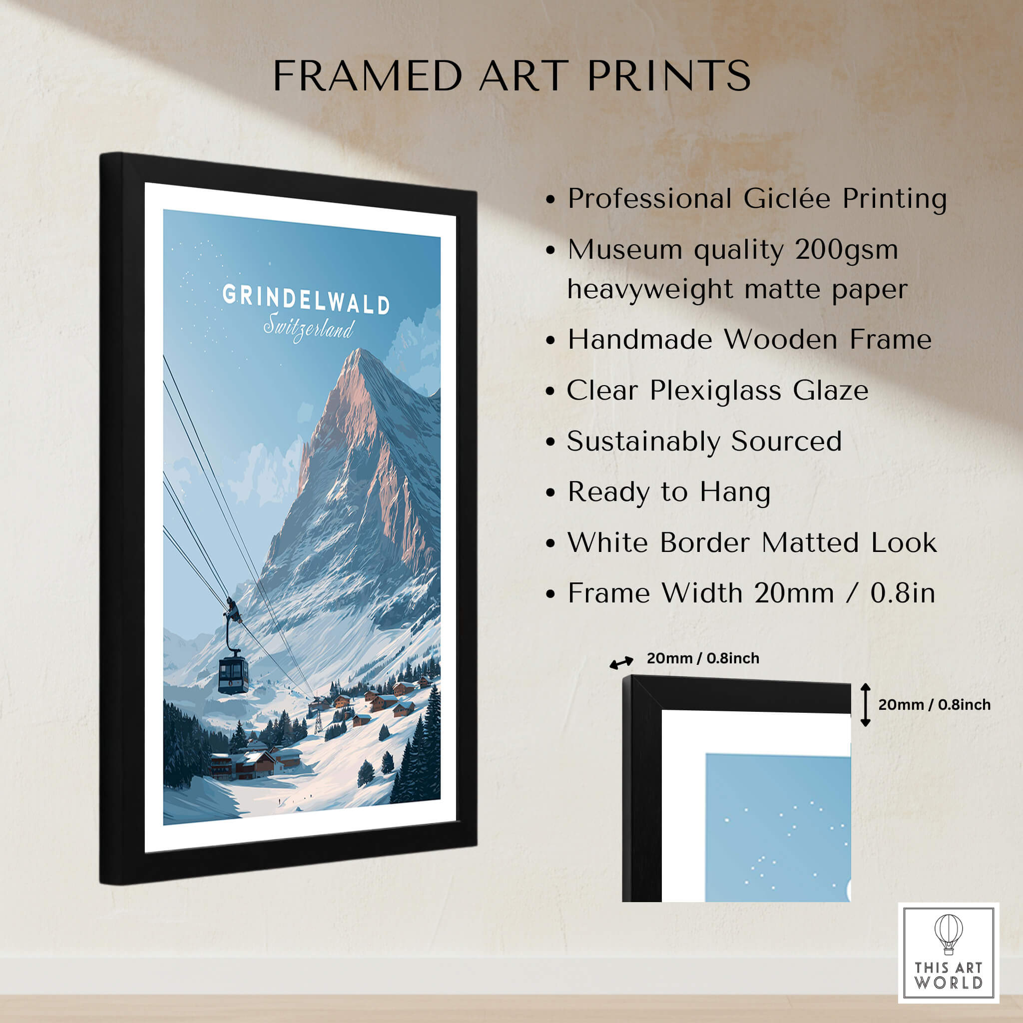 Grindelwald Switzerland Wall Art Print | Alpine Cable Car Travel Posters in a framed art print display.