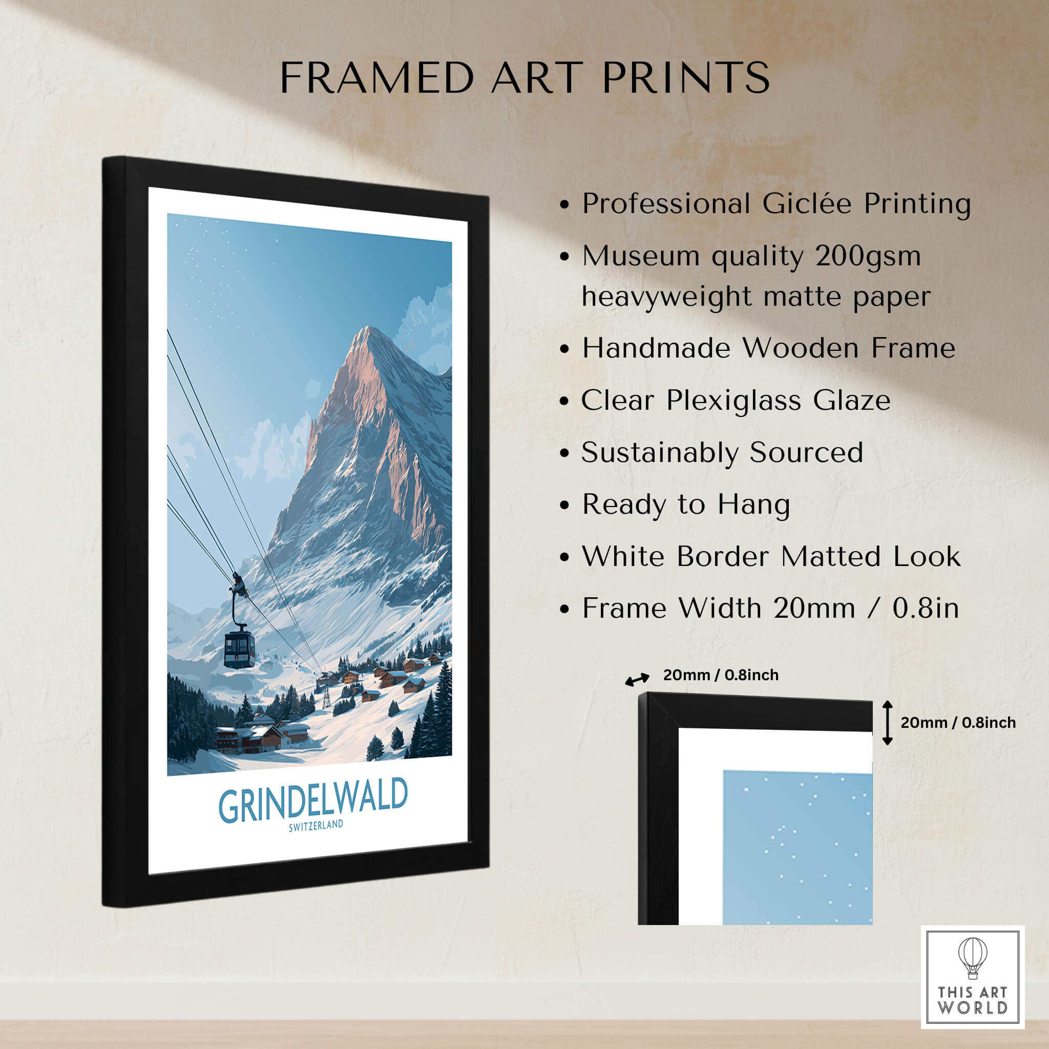 Grindelwald Switzerland Poster | Snowy Alps Mountain Scene Canvas Print framed art print showcasing Alpine beauty.