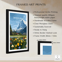 Grindelwald Switzerland Travel Poster | Alpine Wildflower Meadow Wall Art Print displayed in a framed art format.