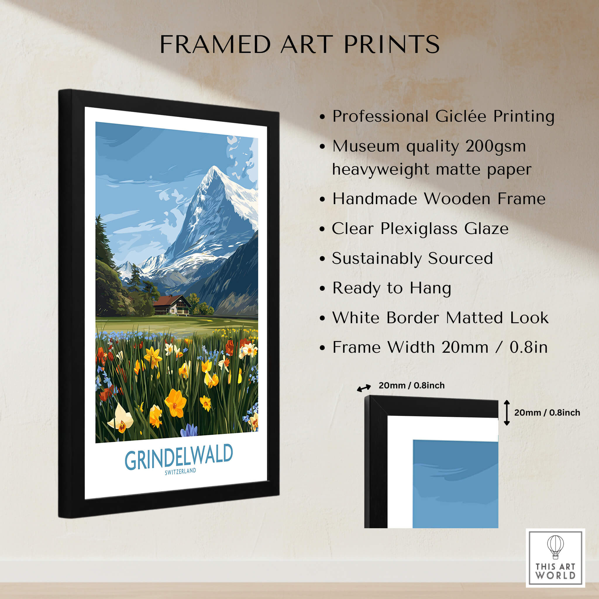 Grindelwald Switzerland Canvas Print | Scenic Swiss Village Landscape Poster framed art print features Alpine scenery.