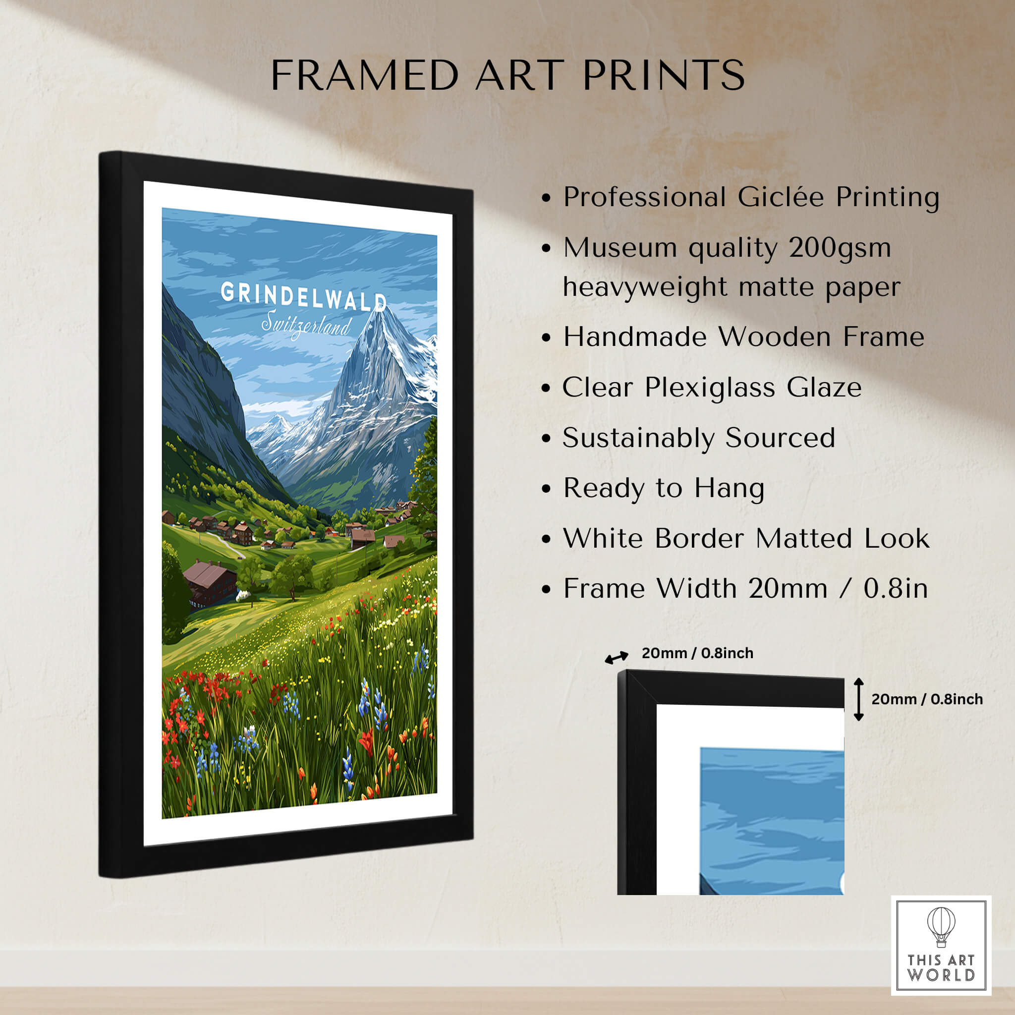 Grindelwald Switzerland Wall Art Print | Summer Alps Nature Travel Posters framed art print with professional giclée quality.