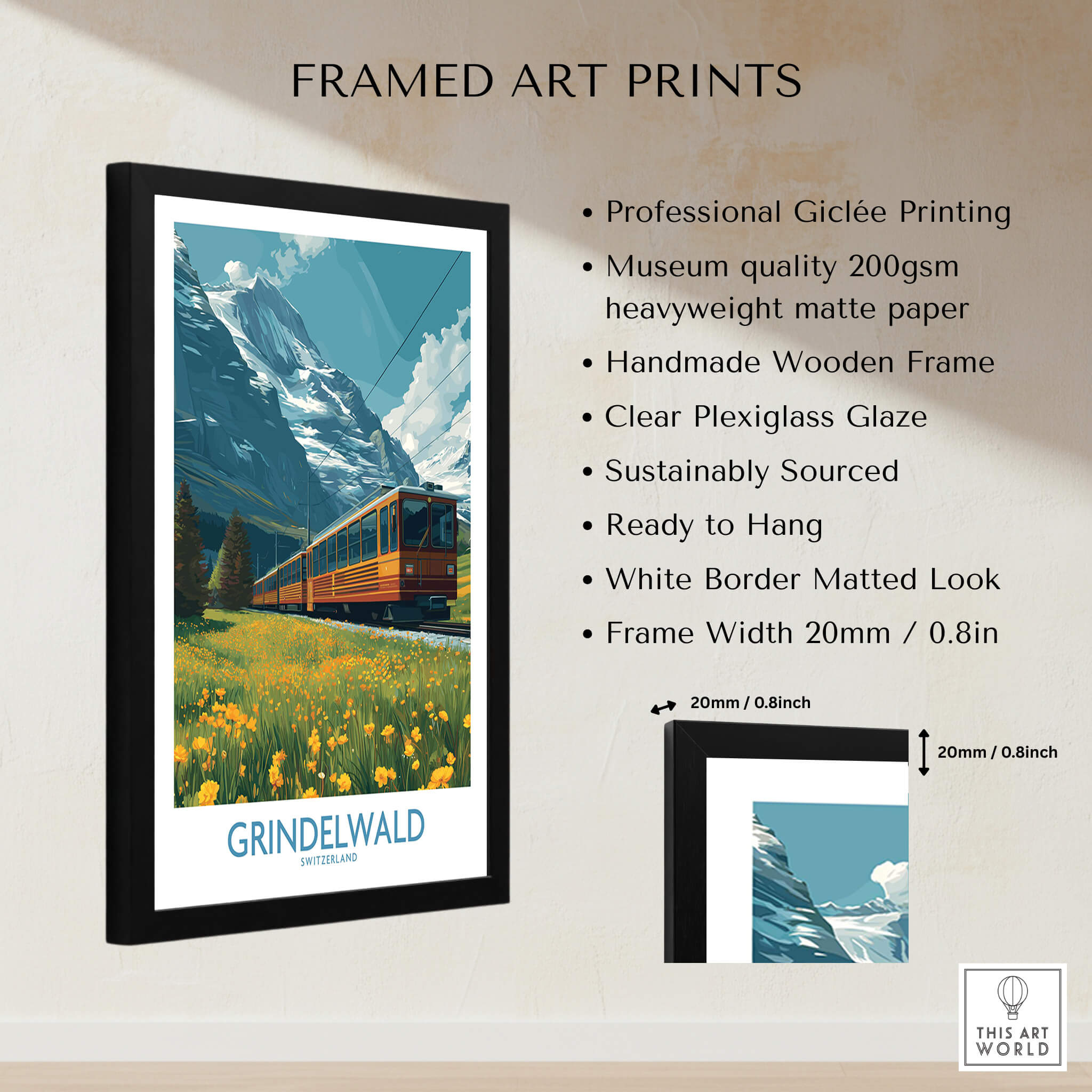 Grindelwald Switzerland Canvas Print | Swiss Alps Train Railway Scene Poster framed art print with professional giclée printing.