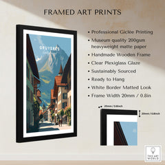 Gruyères Switzerland Wall Art Print | Medieval Village Street Travel Poster framed art print with detailed features