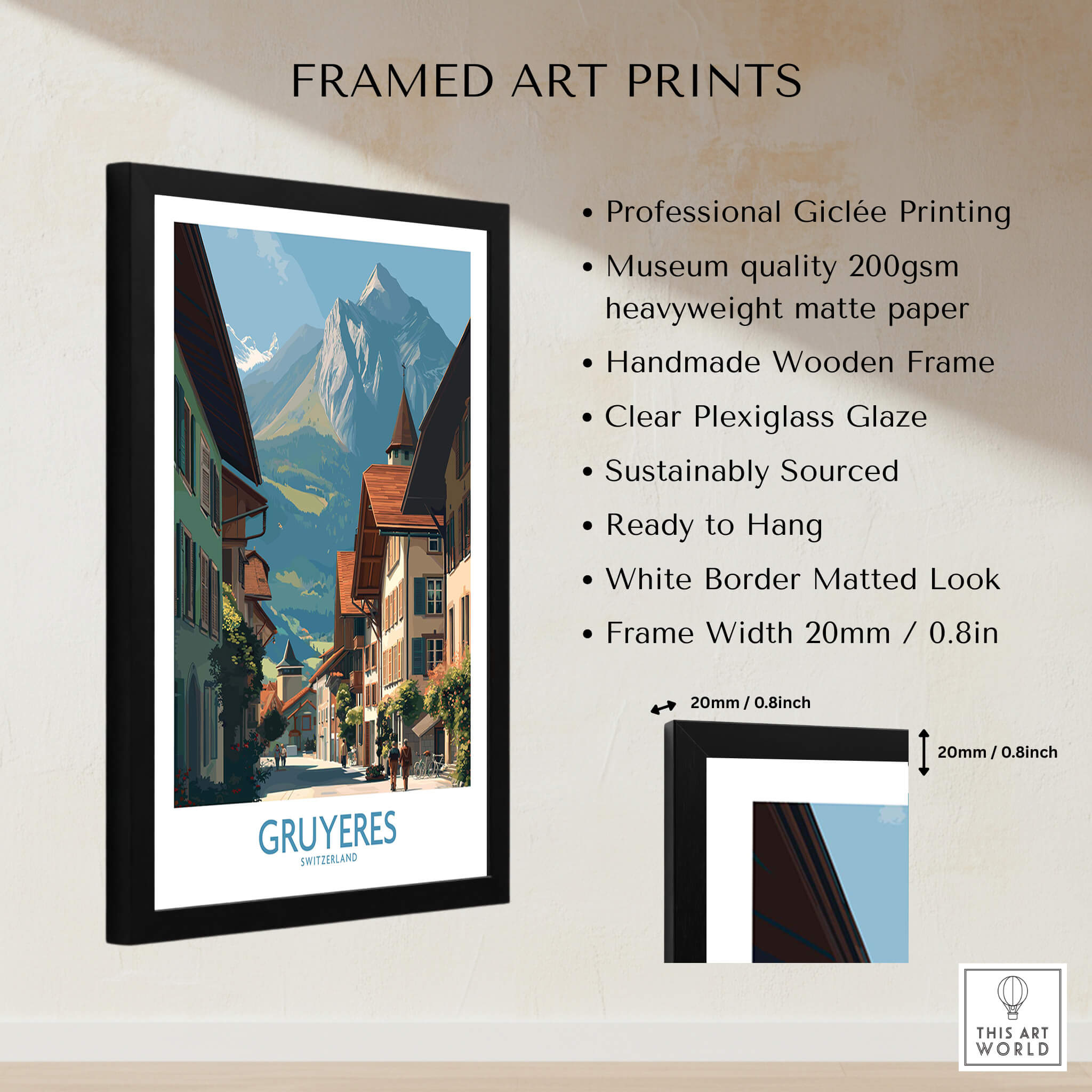 Gruyères Switzerland Poster | Historic European Town Architecture Canvas Print in a framed art print setting.