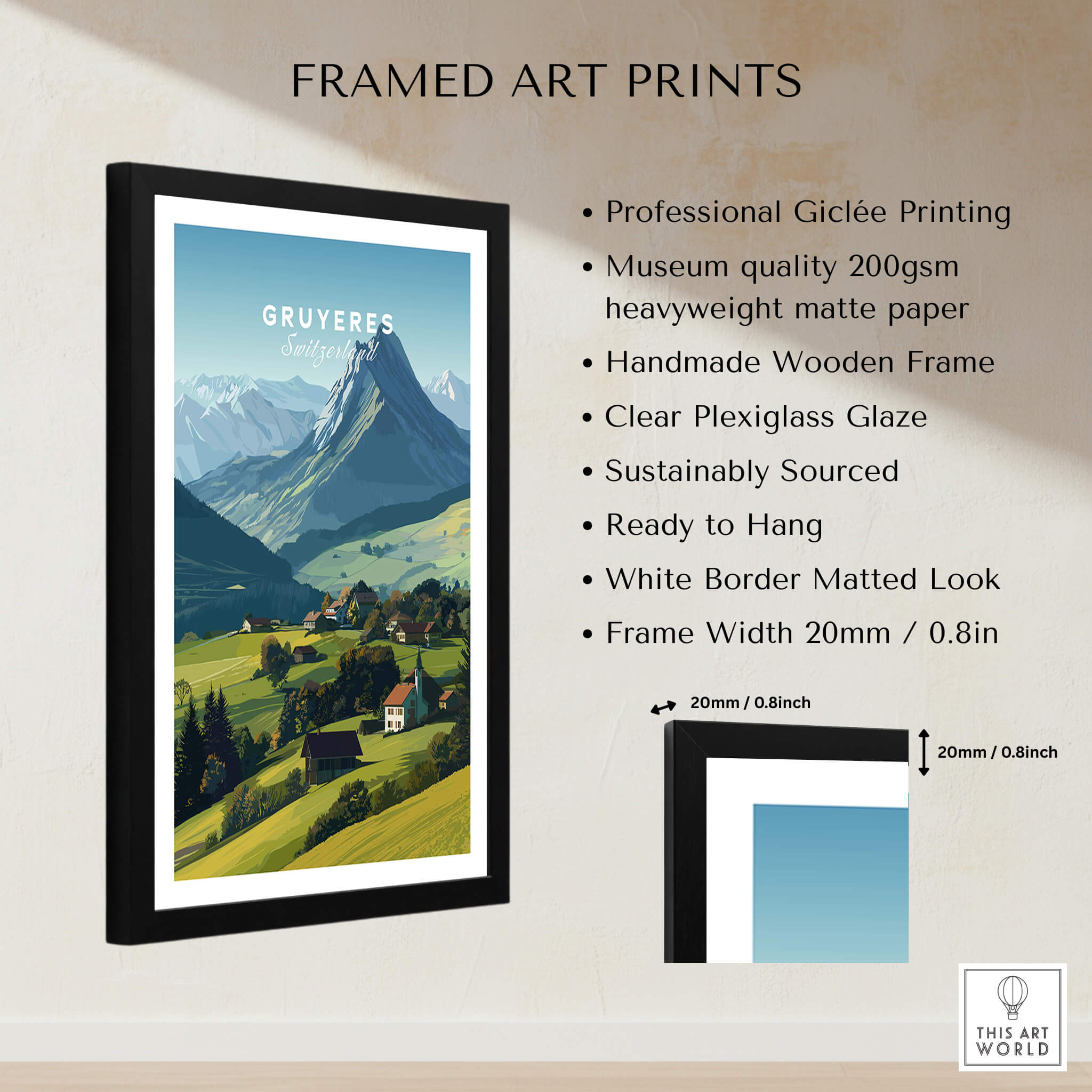 Gruyères Switzerland Travel Poster | Mountain Landscape Wall Art Print in a framed presentation with professional details.