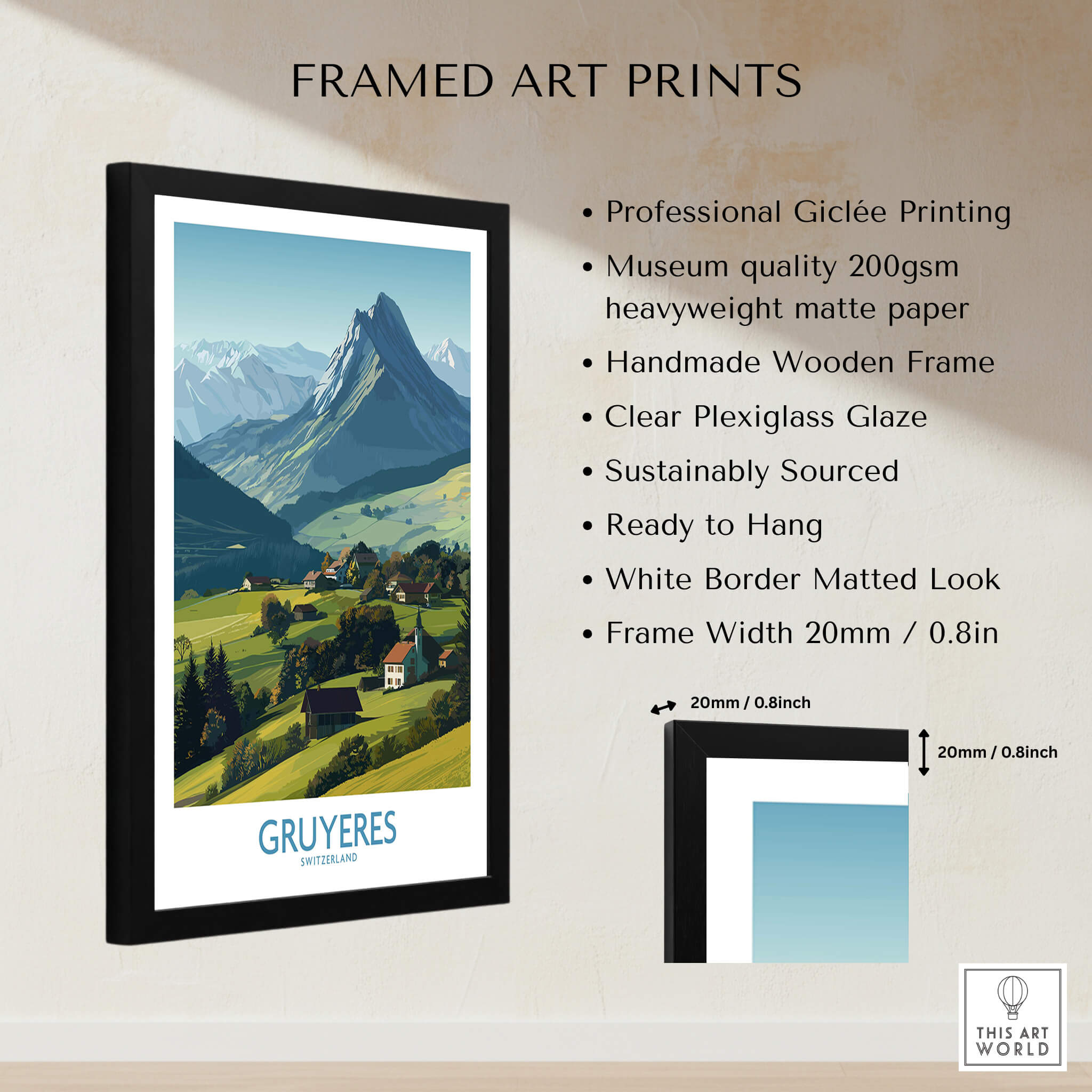 Gruyères Switzerland Canvas Print | Charming Swiss Countryside Scenery Poster featuring framed art print details.