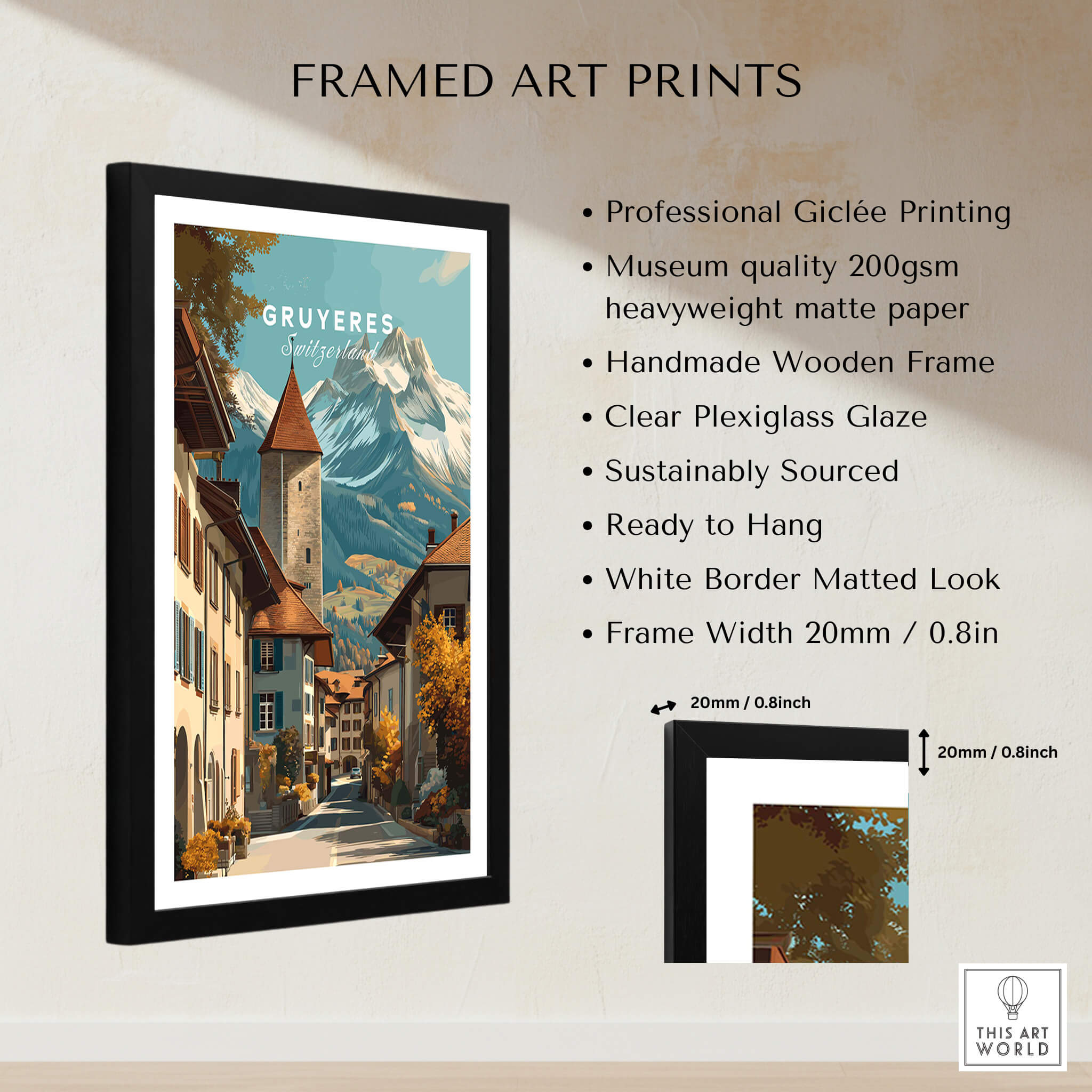 Gruyères Switzerland Wall Art Print | Swiss Travel Poster framed art print with professional giclée printing and clear plexiglass.