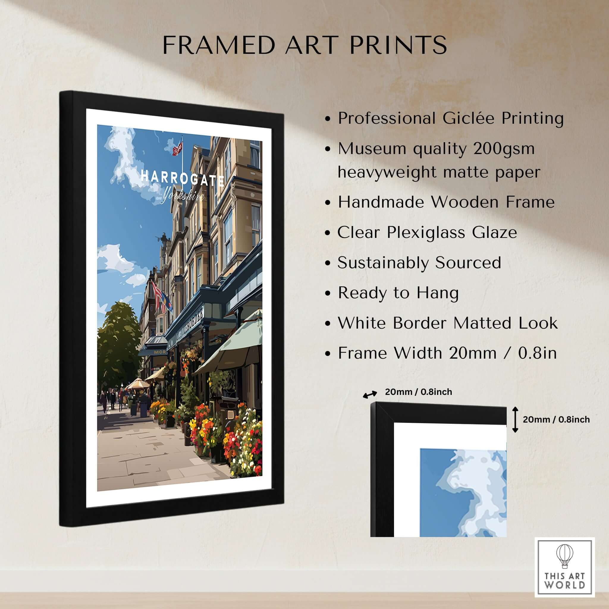 Harrogate Street View Print | Yorkshire Home Decor showcased in a handmade wooden frame with museum-quality details.