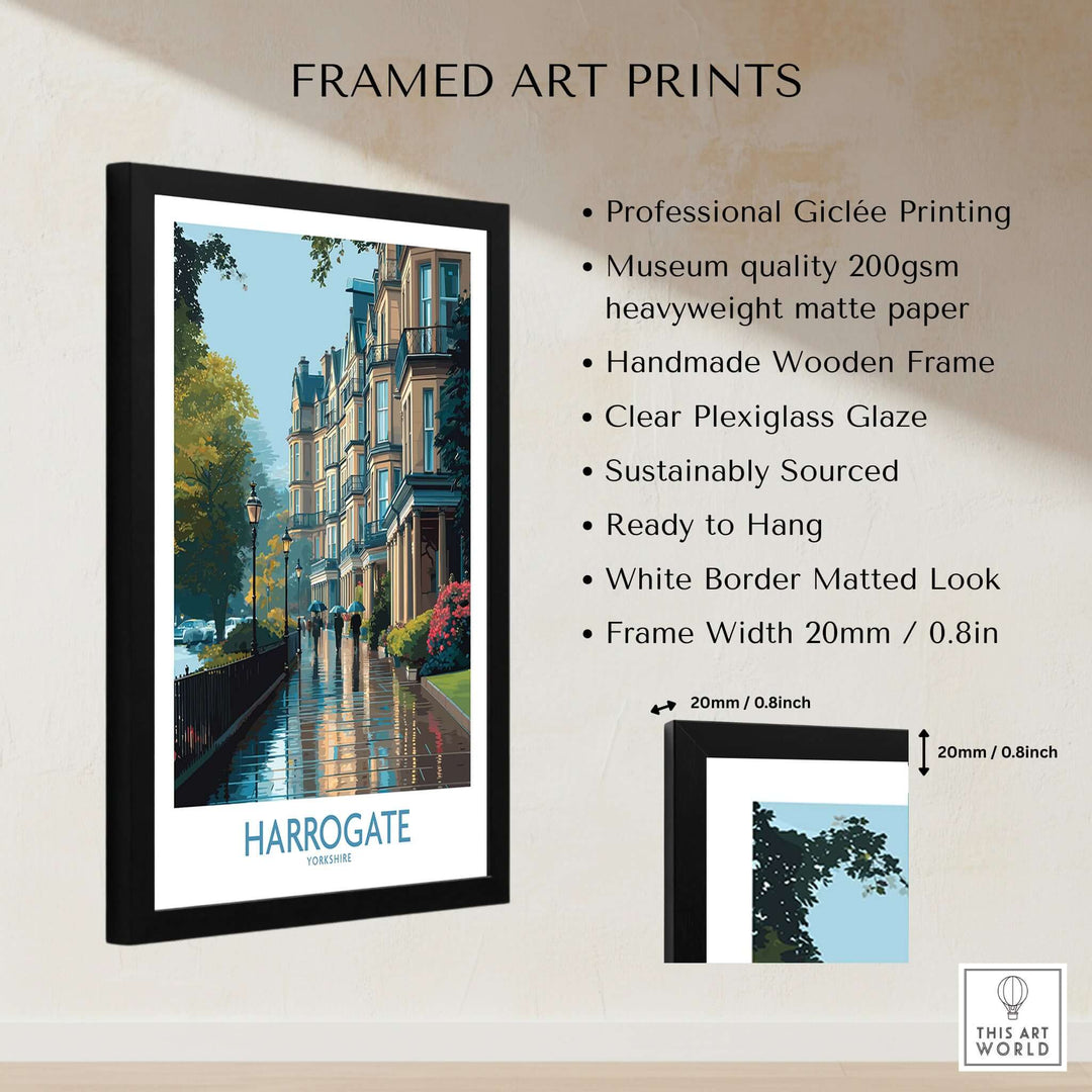 Harrogate Yorkshire Victorian Terrace Art Print | Rainy Street Poster framed with a black wooden frame and clear plexiglass.