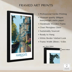 Harrogate Yorkshire Victorian Terrace Art Print | Rainy Street Poster framed with a black wooden frame and clear plexiglass.