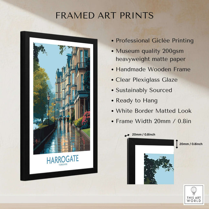 Harrogate Yorkshire Victorian Terrace Art Print | Rainy Street Poster framed with a black wooden frame and clear plexiglass.