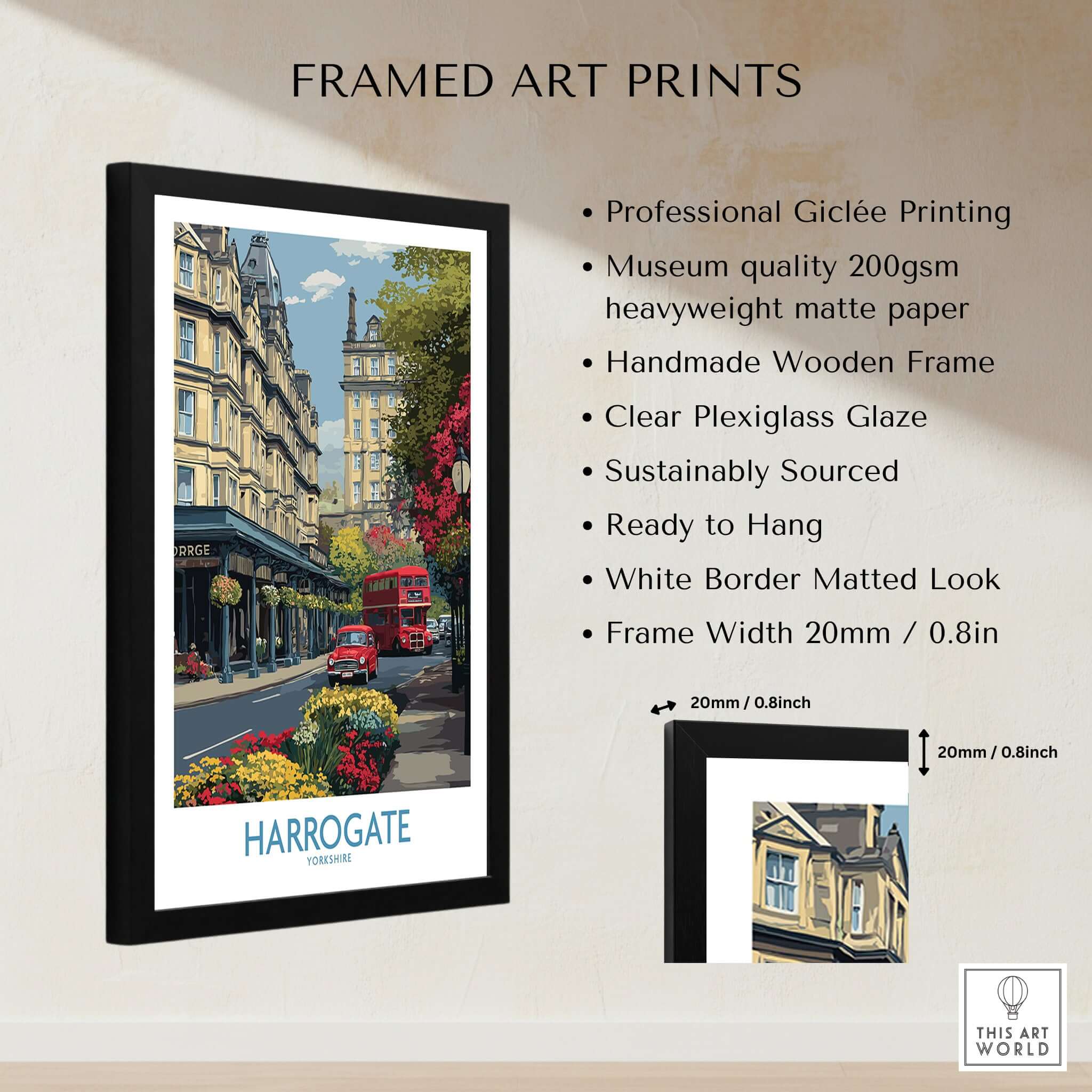 Harrogate Yorkshire Print | Floral Street Scene Poster framed art print showcasing Giclée quality and vibrant colors.