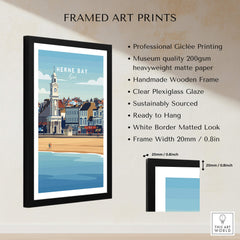 Herne Bay Kent Wall Art Print | British Travel Poster framed with a wooden frame showcasing the coastal scene.