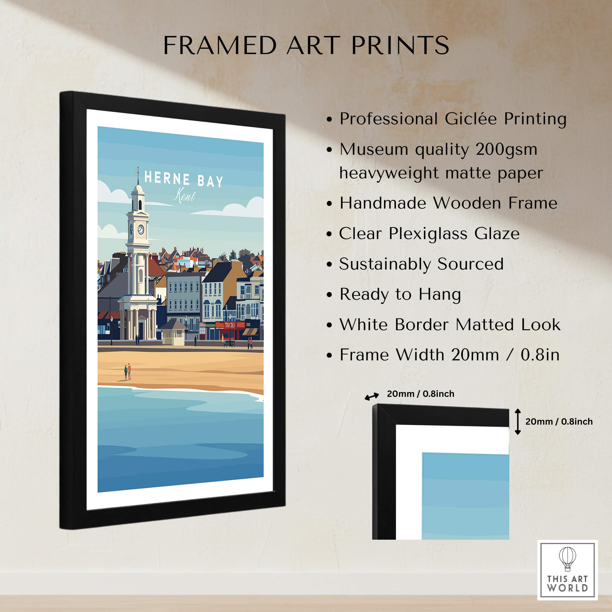 Herne Bay Kent Wall Art Print | British Travel Poster framed with a wooden frame showcasing the coastal scene.