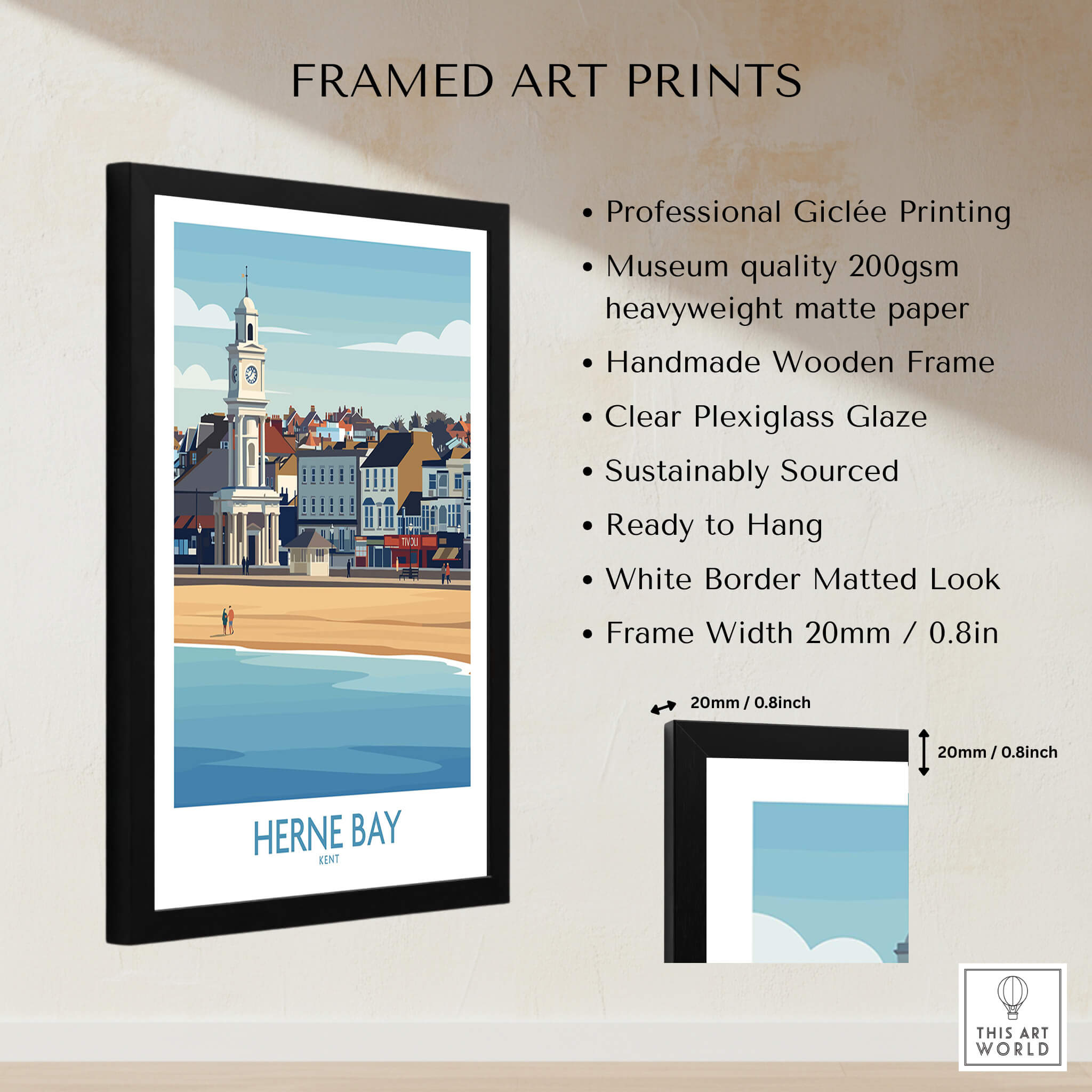 Herne Bay Kent Canvas Print Poster displayed in a stylish black frame with a clear plexiglass glaze.