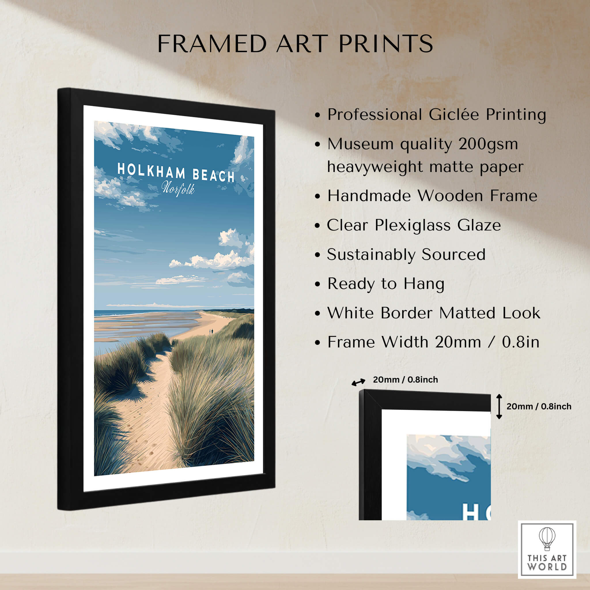 Holkham Beach Norfolk Wall Art Print | Coastal Sand Dunes Travel Poster framed art print features stunning coastal scenery.