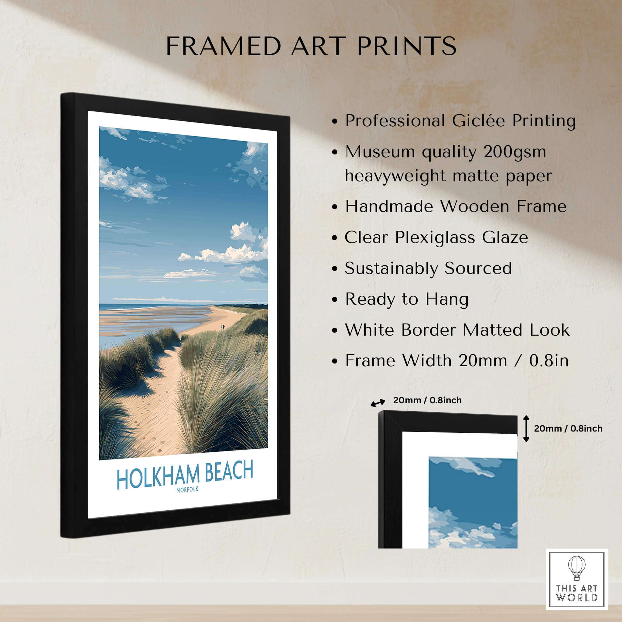 Holkham Beach Norfolk Poster | North Norfolk Shoreline Nature Canvas Print framed art print showcasing serene beach scene.
