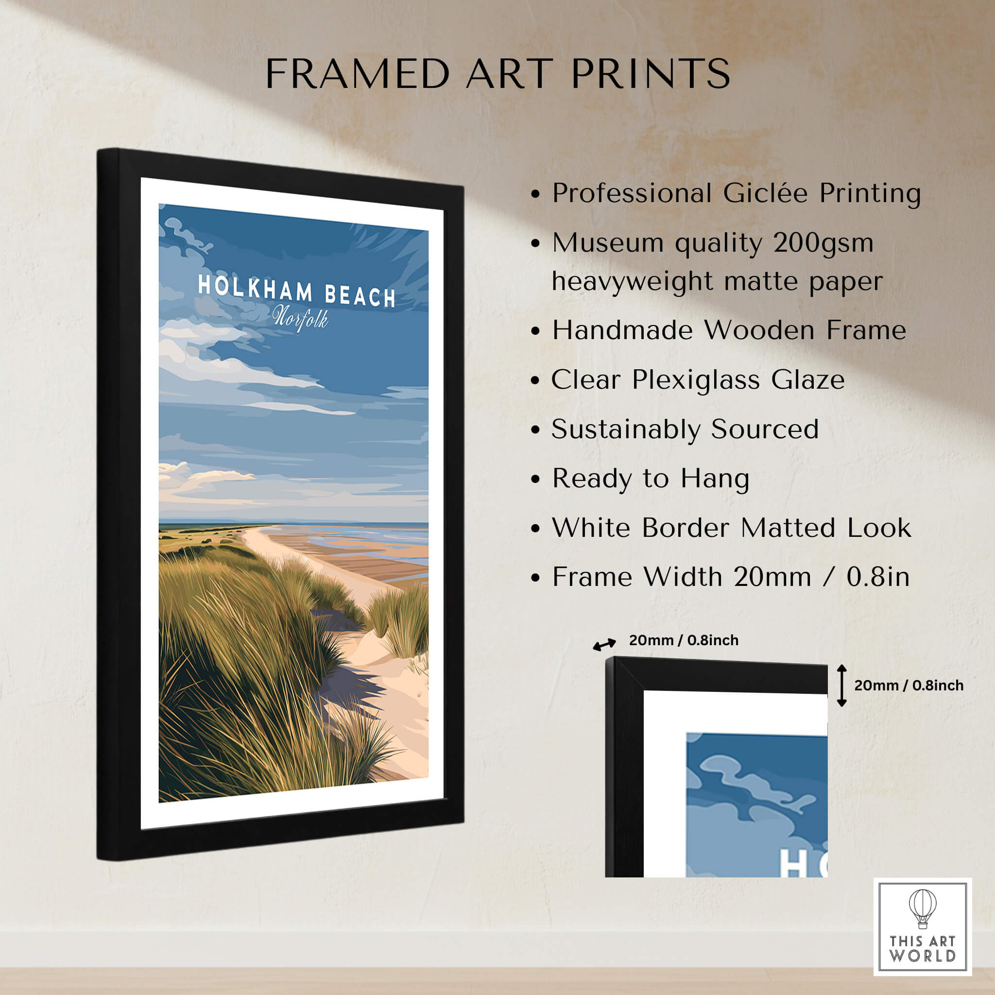 Holkham Beach Norfolk Travel Poster | Serene Beach Pathway Wall Art Print in a framed setup showcasing tranquility.