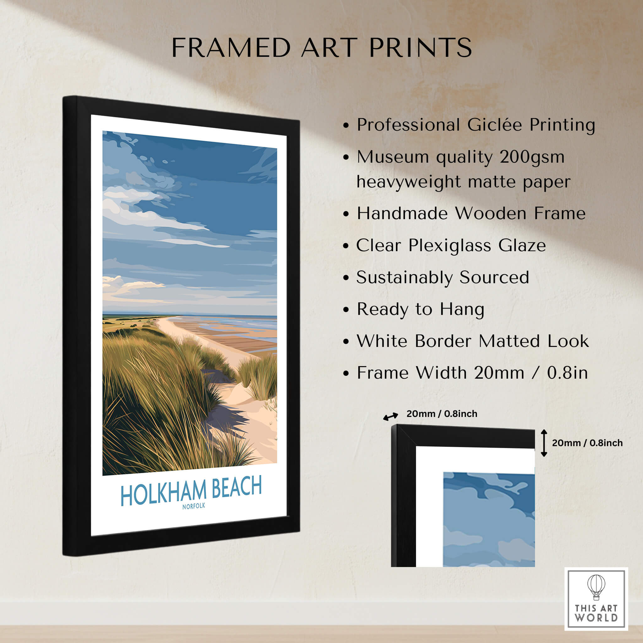 Holkham Beach Norfolk Canvas Print | Minimalist British Seaside Landscape Poster framed art print with professional giclée printing.