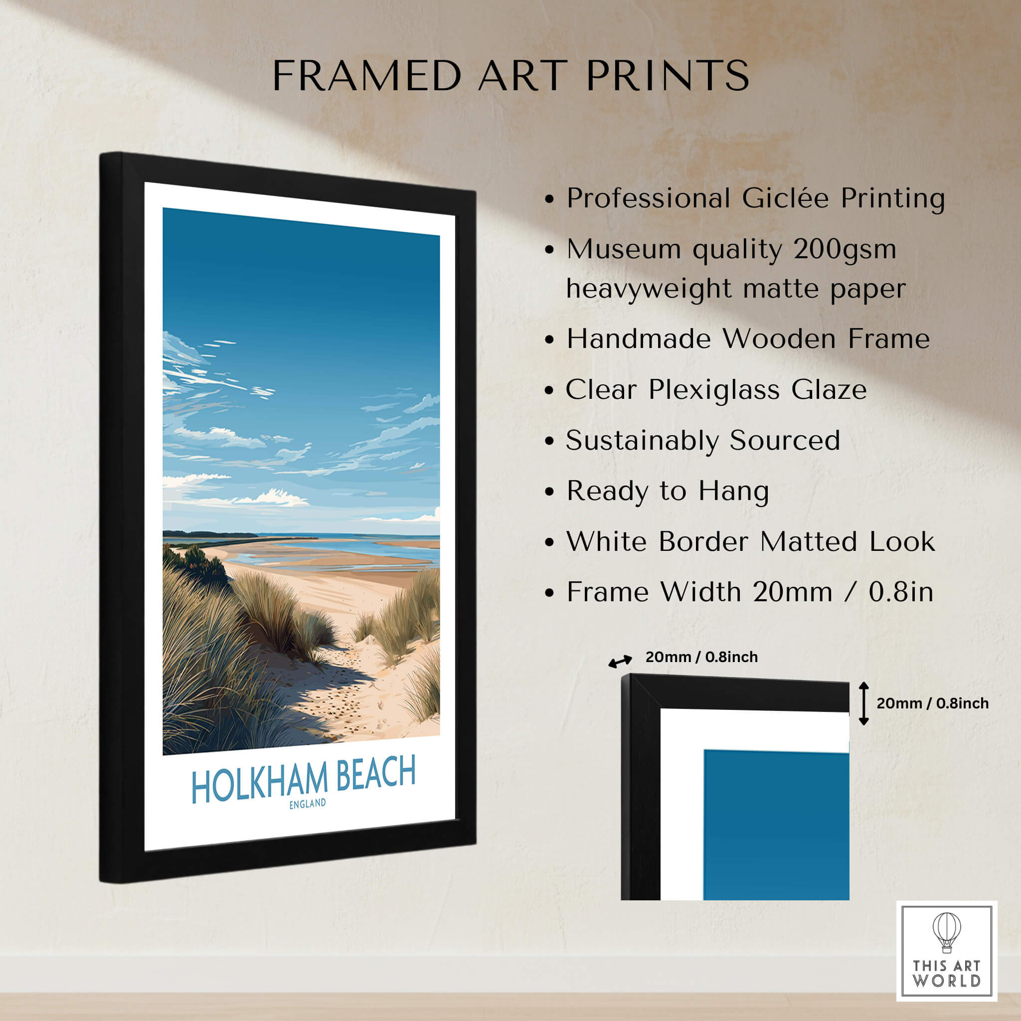 Holkham Beach Norfolk Poster | Serene Coastal Landscape Canvas Print framed art print with professional Giclée quality.
