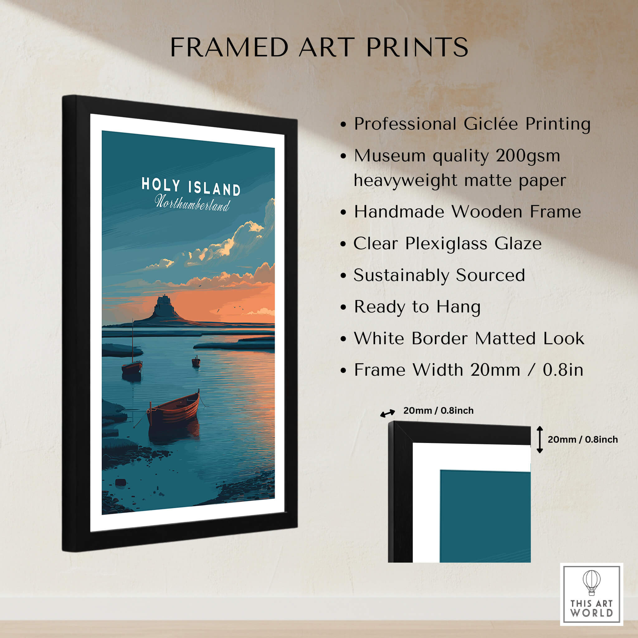 Holy Island Northumberland Wall Art Print | Lindisfarne Sunset Travel Poster framed art print with giclée finishing details.