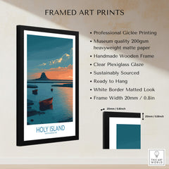 Holy Island Northumberland Poster | Coastal Castle Sunset Canvas Print framed art print with professional Giclée printing.