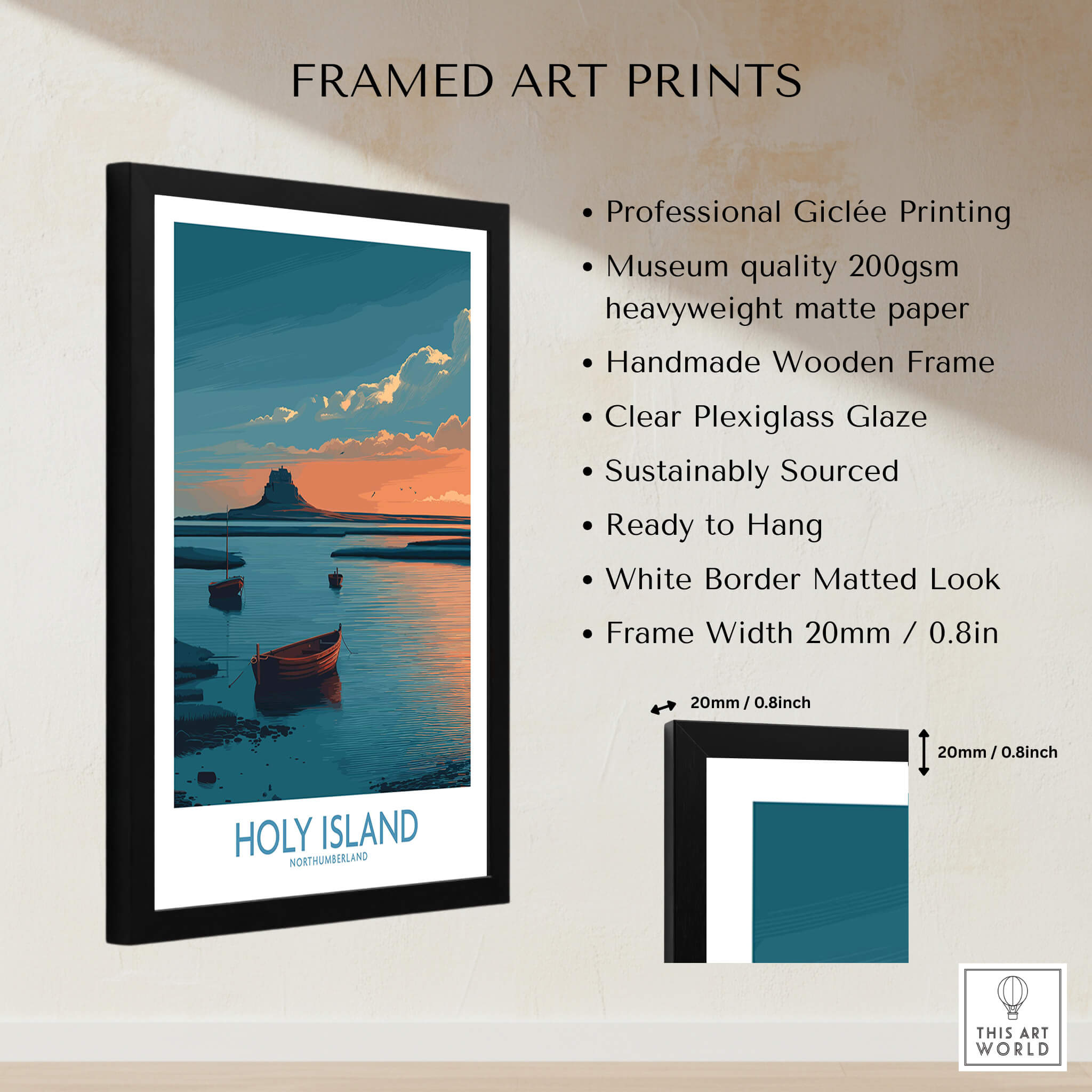 Holy Island Northumberland Poster | Coastal Castle Sunset Canvas Print framed art print with professional Giclée printing.
