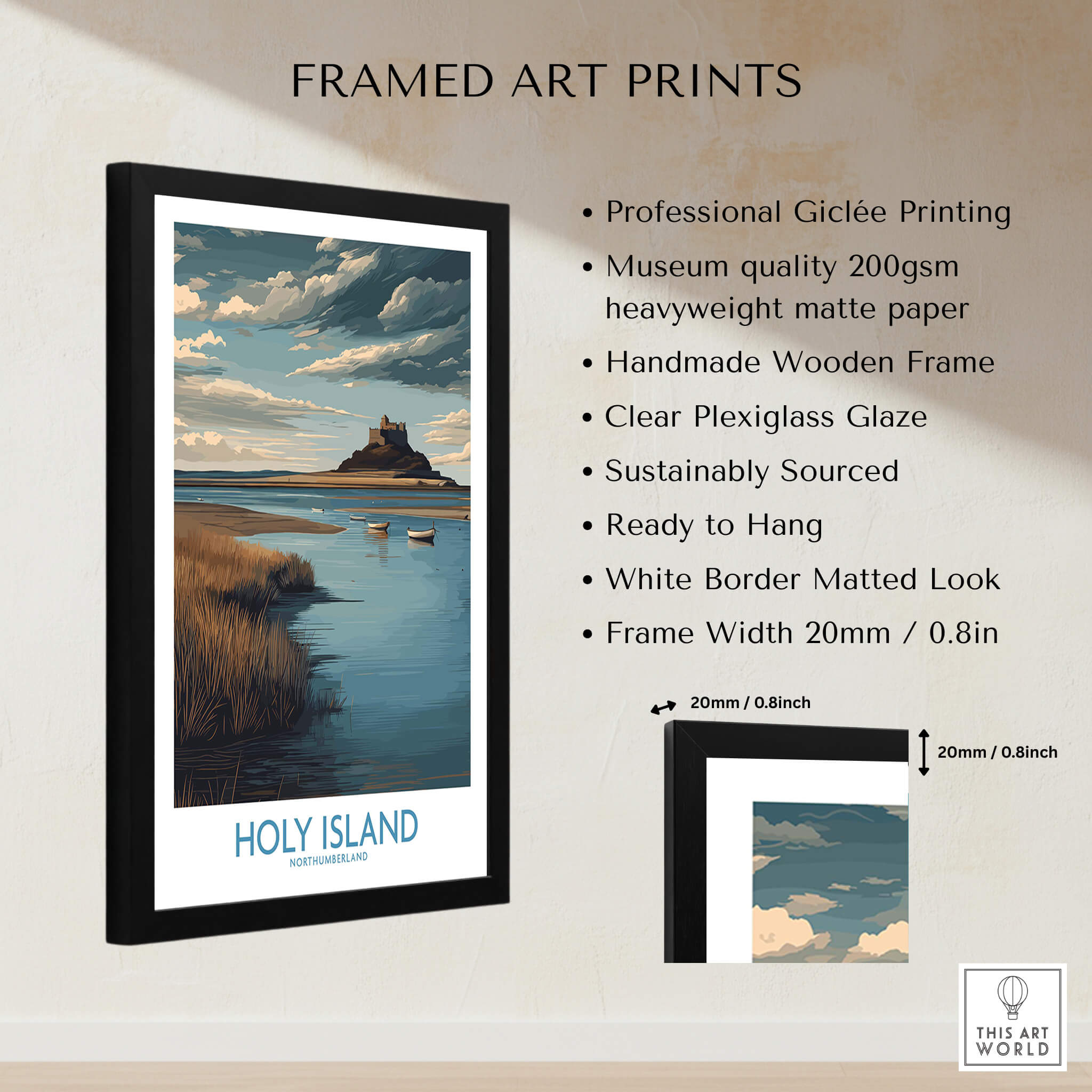 Holy Island Northumberland Poster | Historic England Coast Canvas Print in a stylish frame, showcasing its intricate details.