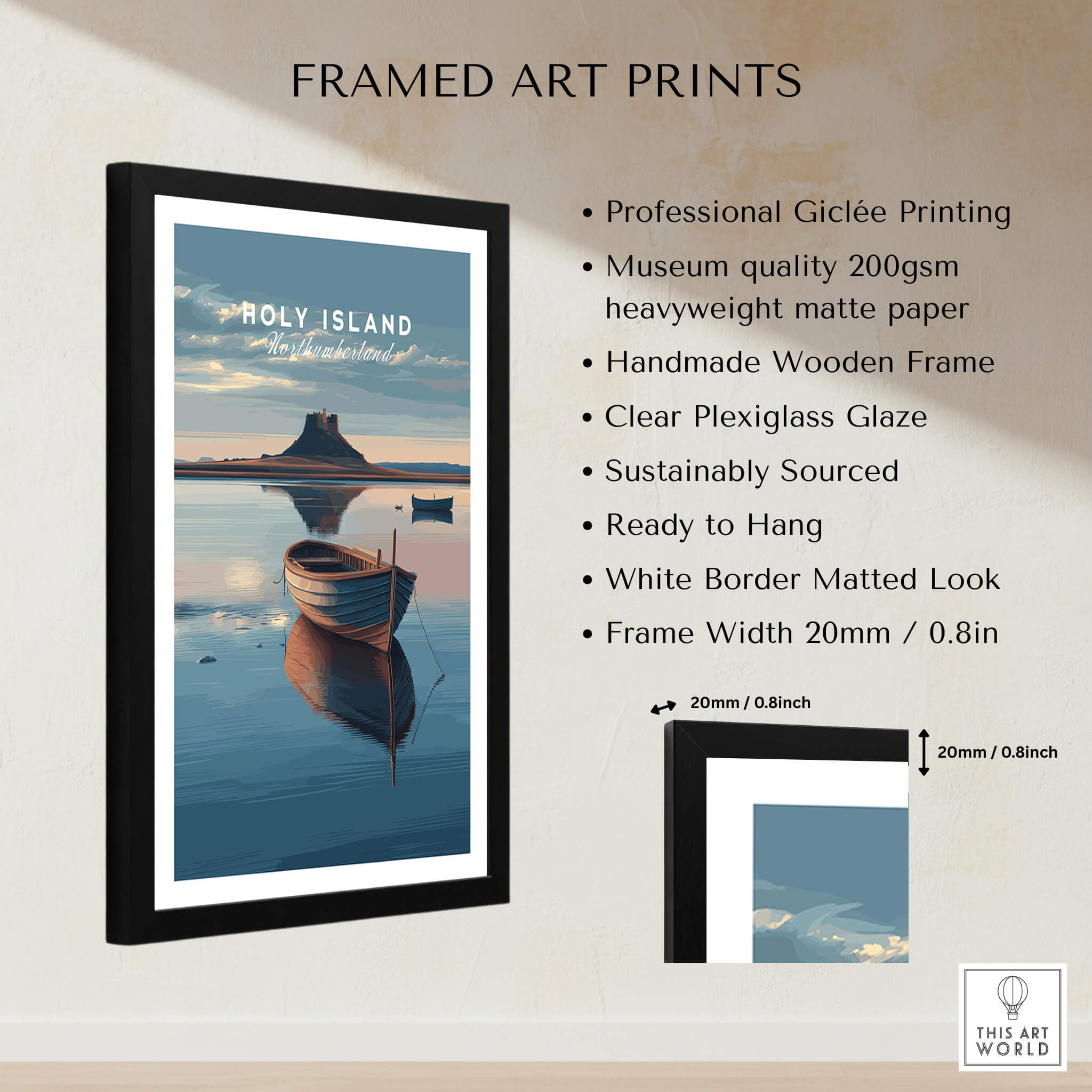 Holy Island Northumberland Wall Art Print | Serene Boat Scene Travel Poster framed art print with professional giclée printing.