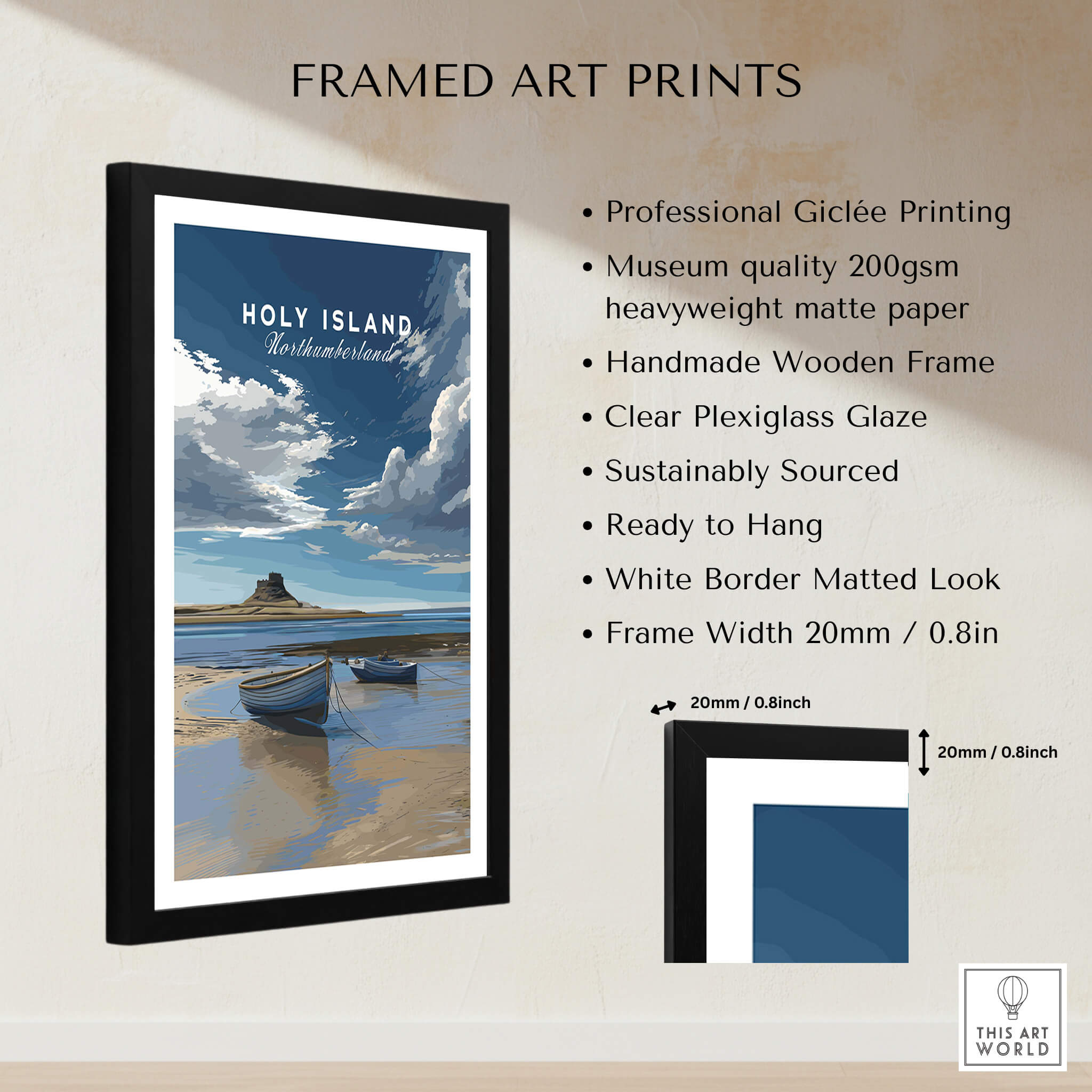 Holy Island Travel Poster Northumberland | Coastal Landscape Wall Art Print featuring framed art print details and design.