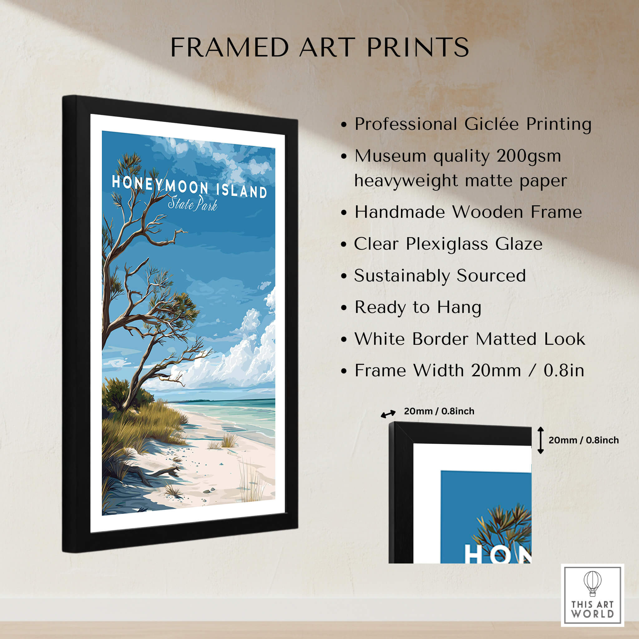 Honeymoon Island Wall Art Print | Florida Tropical Beach Travel Poster framed with professional giclée printing and clear plexiglass.