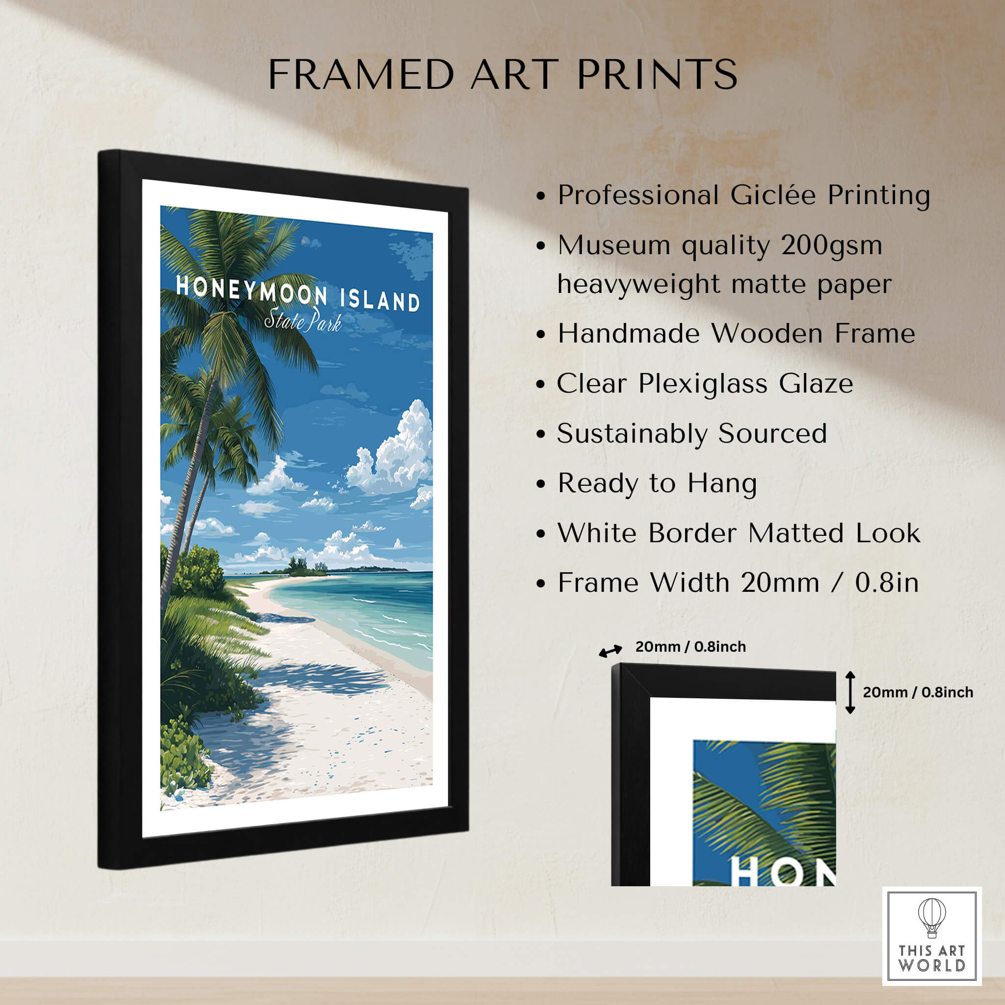 Honeymoon Island Travel Poster | Florida Beach Wall Art Print in a stylish black frame with clear Plexiglass.