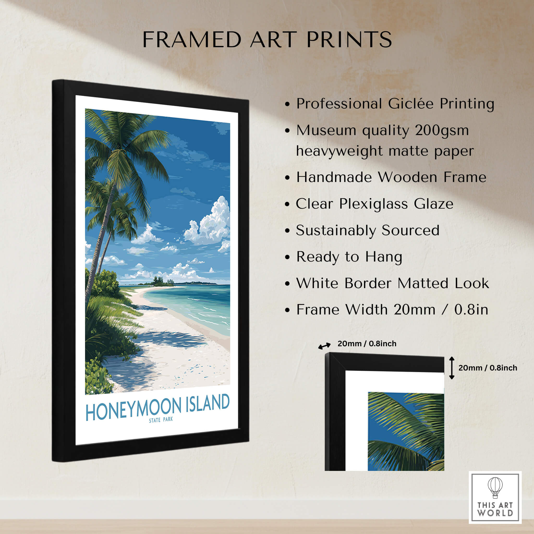Honeymoon Island Poster | Sunny Florida Gulf Canvas Print framed art print with palm trees and coastal scenery.