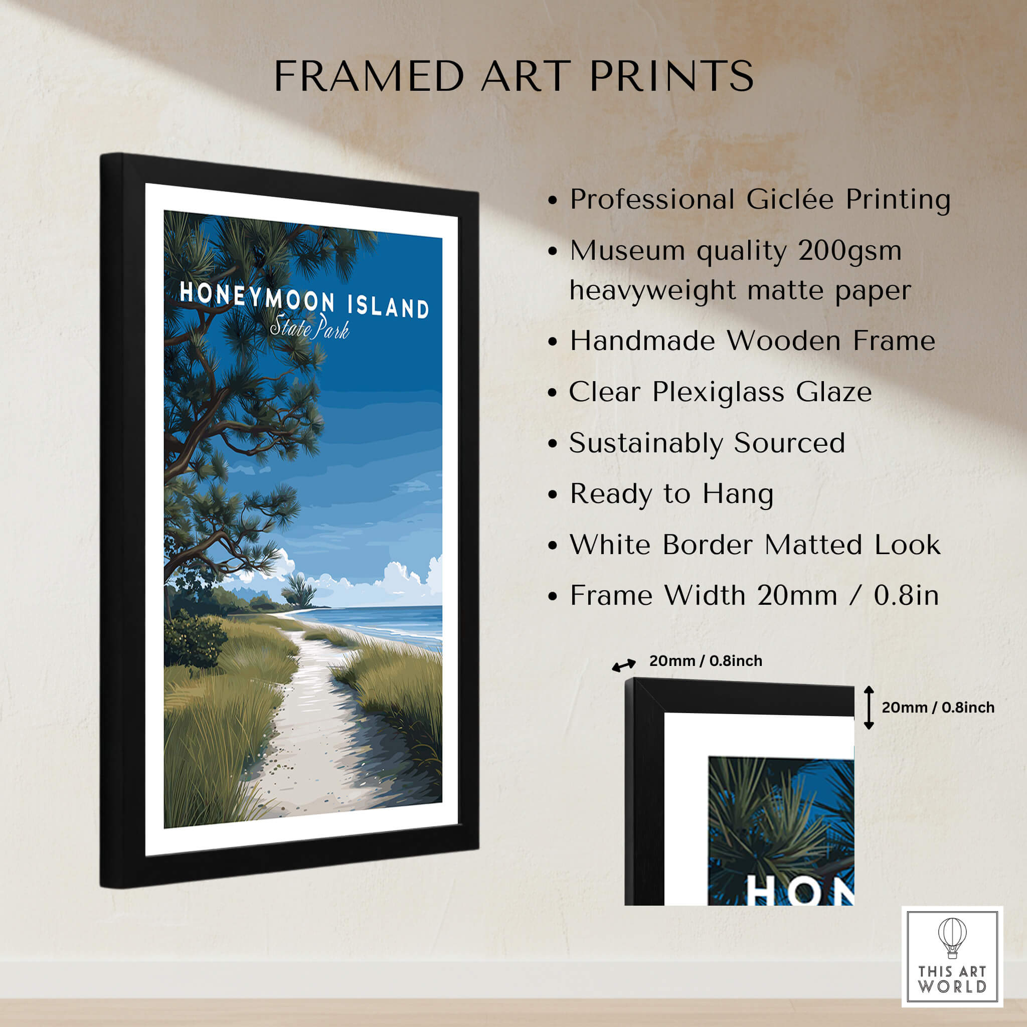 Honeymoon Island Wall Art Print | Florida Travel Poster showcasing a serene beach path in a framed design.
