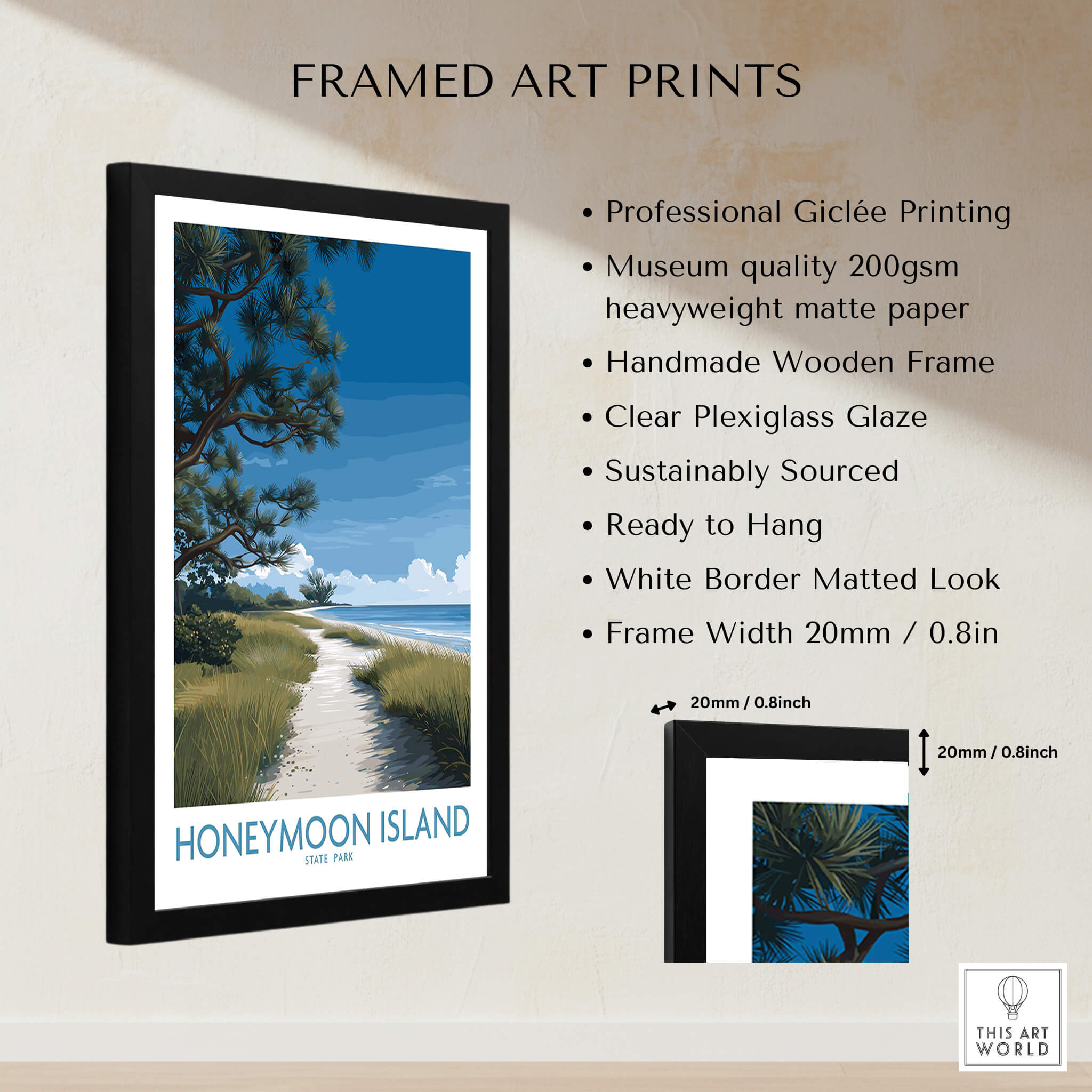 Honeymoon Island Florida Poster | Gulf Coast Landscape Canvas Print framed art showcasing a serene beach path and clear skies.