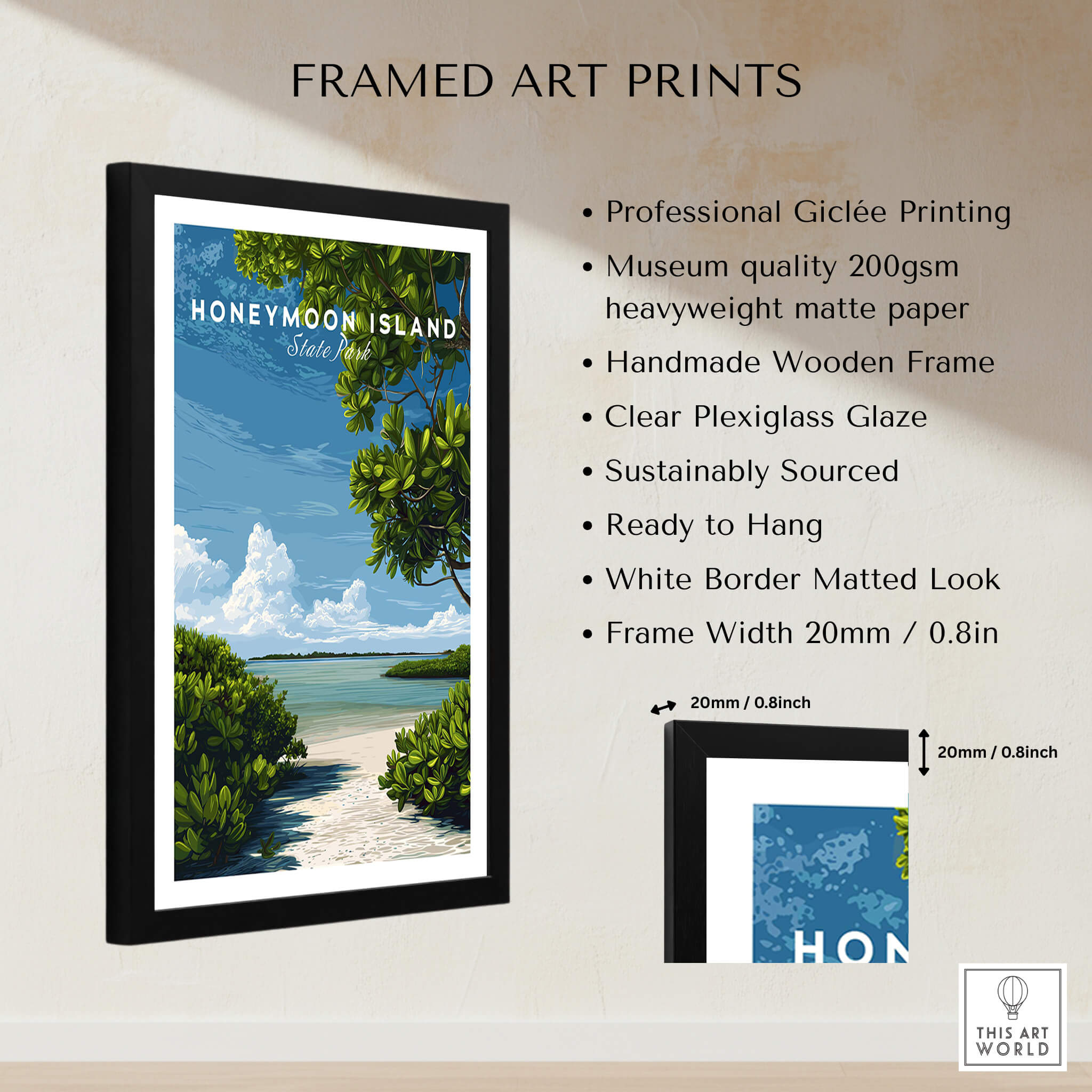 Honeymoon Island Florida Travel Poster | Mangrove Coast Wall Art Print showcasing a framed art print with vibrant colors.