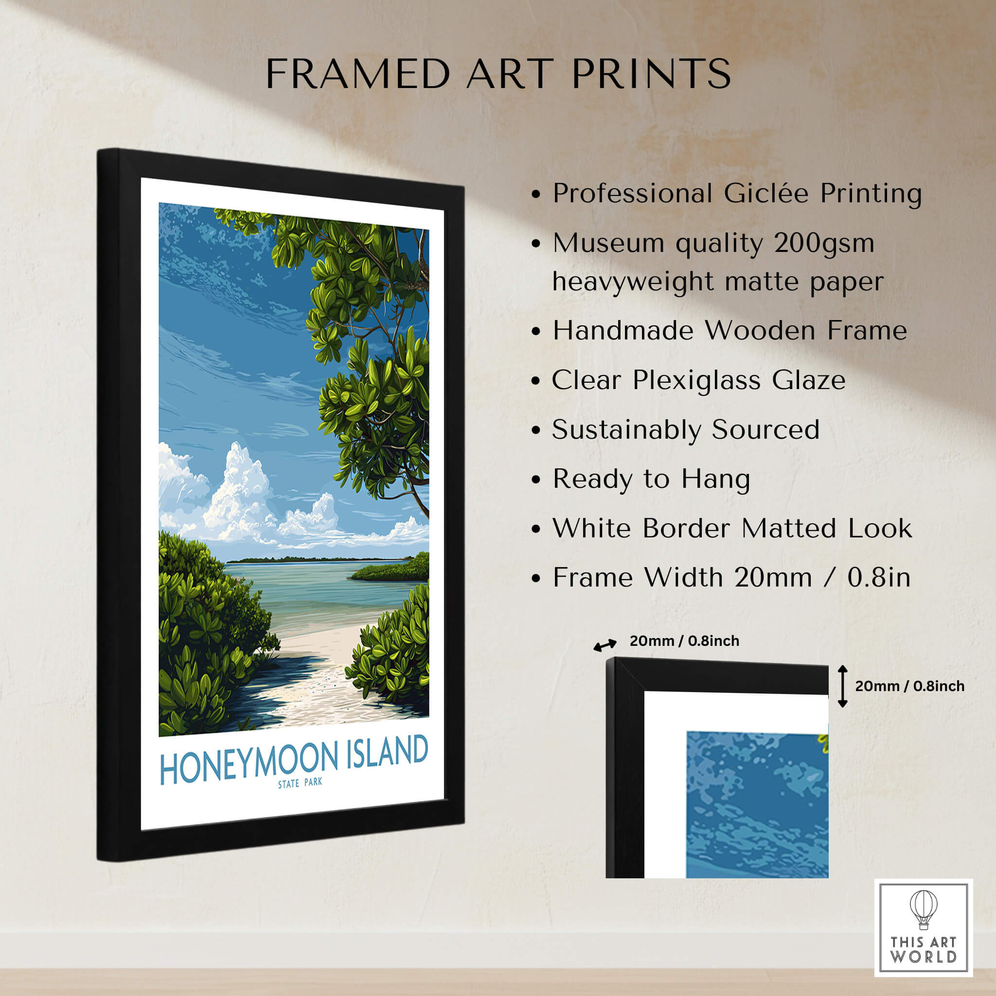 Honeymoon Island Florida Poster | Tropical Island Scene Canvas Print framed art with lush vegetation and blue waters.