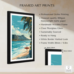 Honolulu Wall Art Print | Waikiki Beach Hawaii Travel Poster showcased in a stylish black frame with tropical design.