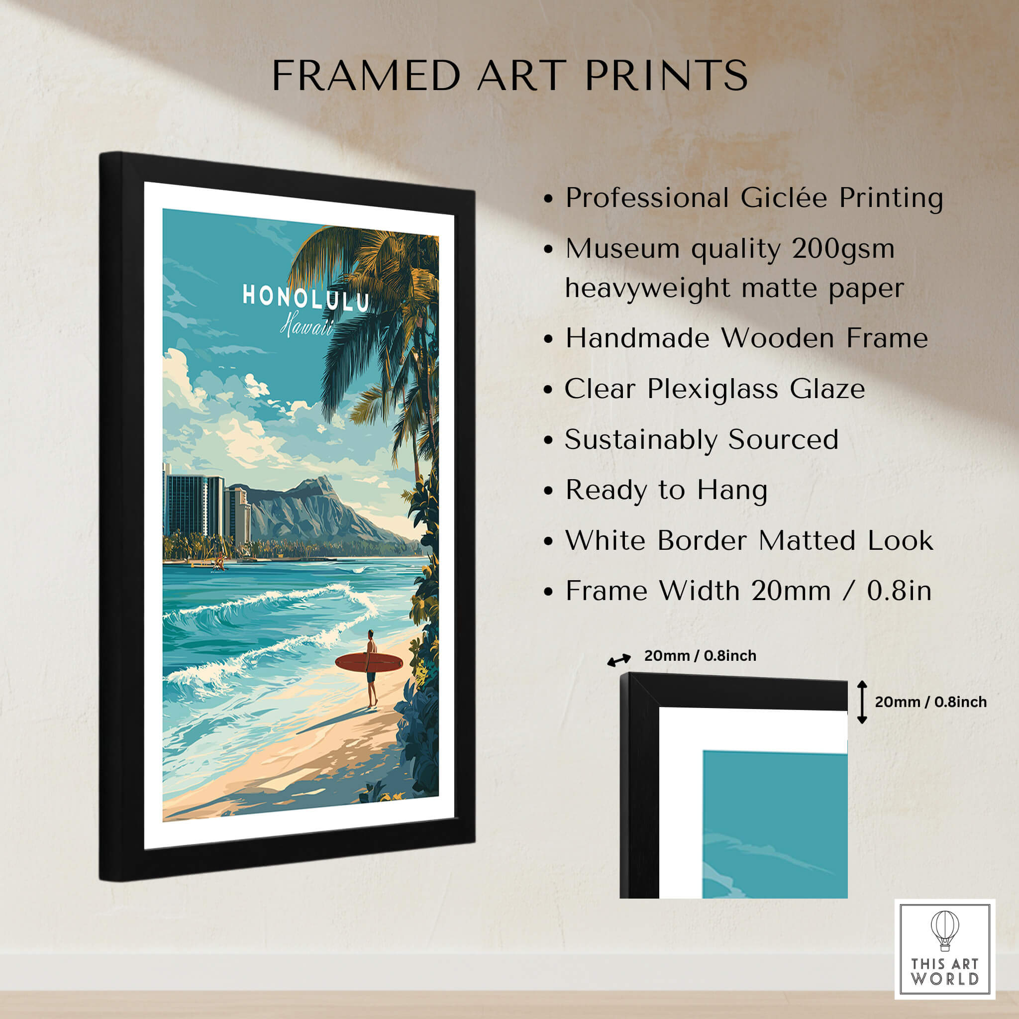 Honolulu Wall Art Print | Waikiki Beach Hawaii Travel Poster showcased in a stylish black frame with tropical design.