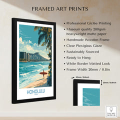 Honolulu Poster | Hawaii Surfing Canvas Print showcasing vibrant ocean views and surfers, framed art print ready to hang.
