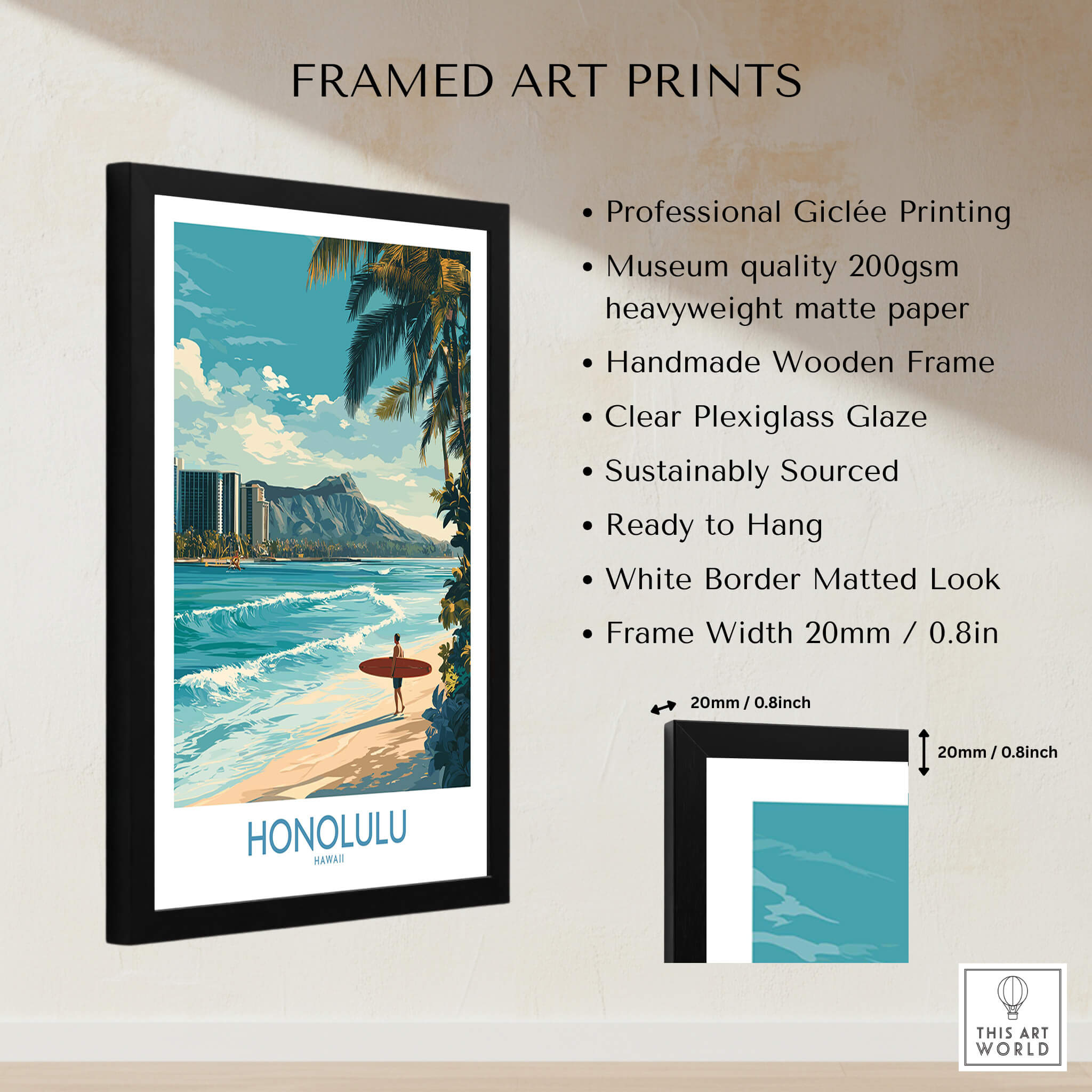 Honolulu Poster | Hawaii Surfing Canvas Print showcasing vibrant ocean views and surfers, framed art print ready to hang.