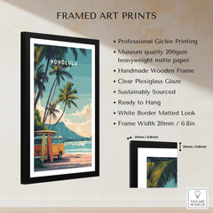 Honolulu Hawaii Travel Poster | Surf Van Beach Wall Art Print framed in a stylish wooden frame with a tropical backdrop.