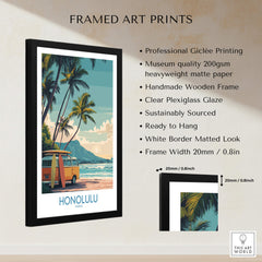Honolulu Hawaii Poster | Vintage Aloha Style Canvas Print framed art print details with palm trees and vintage van.