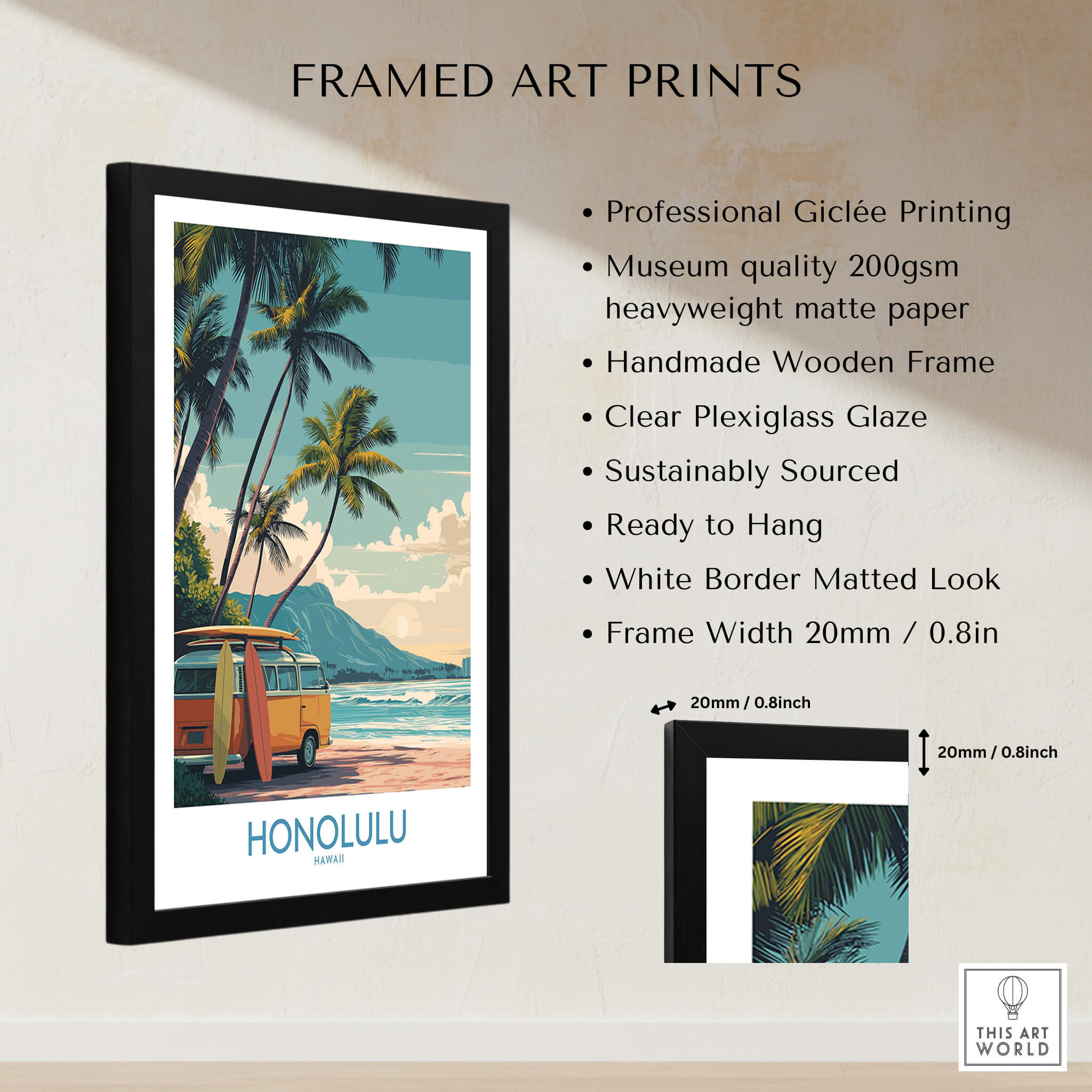 Honolulu Hawaii Poster | Vintage Aloha Style Canvas Print framed art print details with palm trees and vintage van.