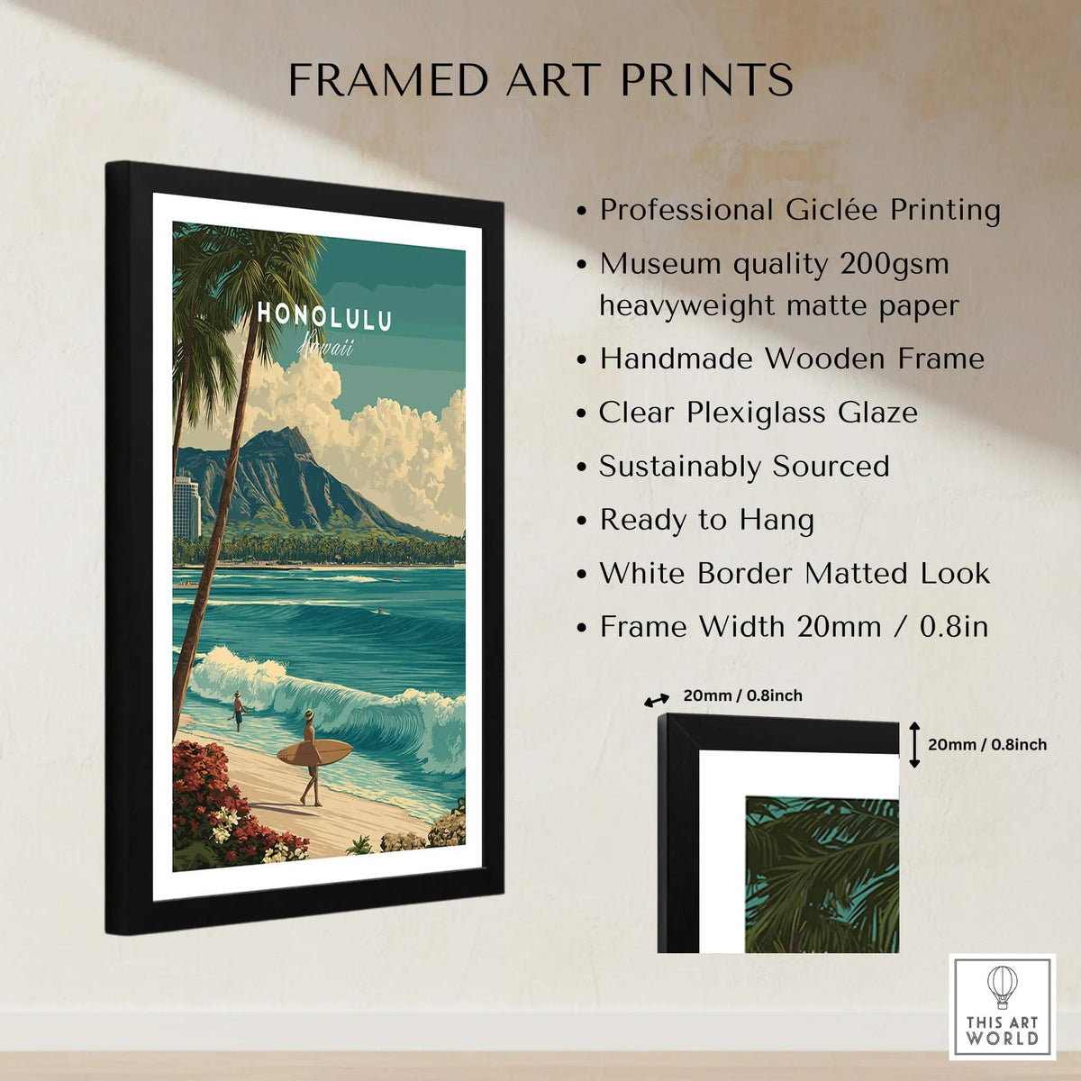 Honolulu Hawaii Wall Art Print | Waikiki Beach Surf Travel Poster framed art print on wall with details.