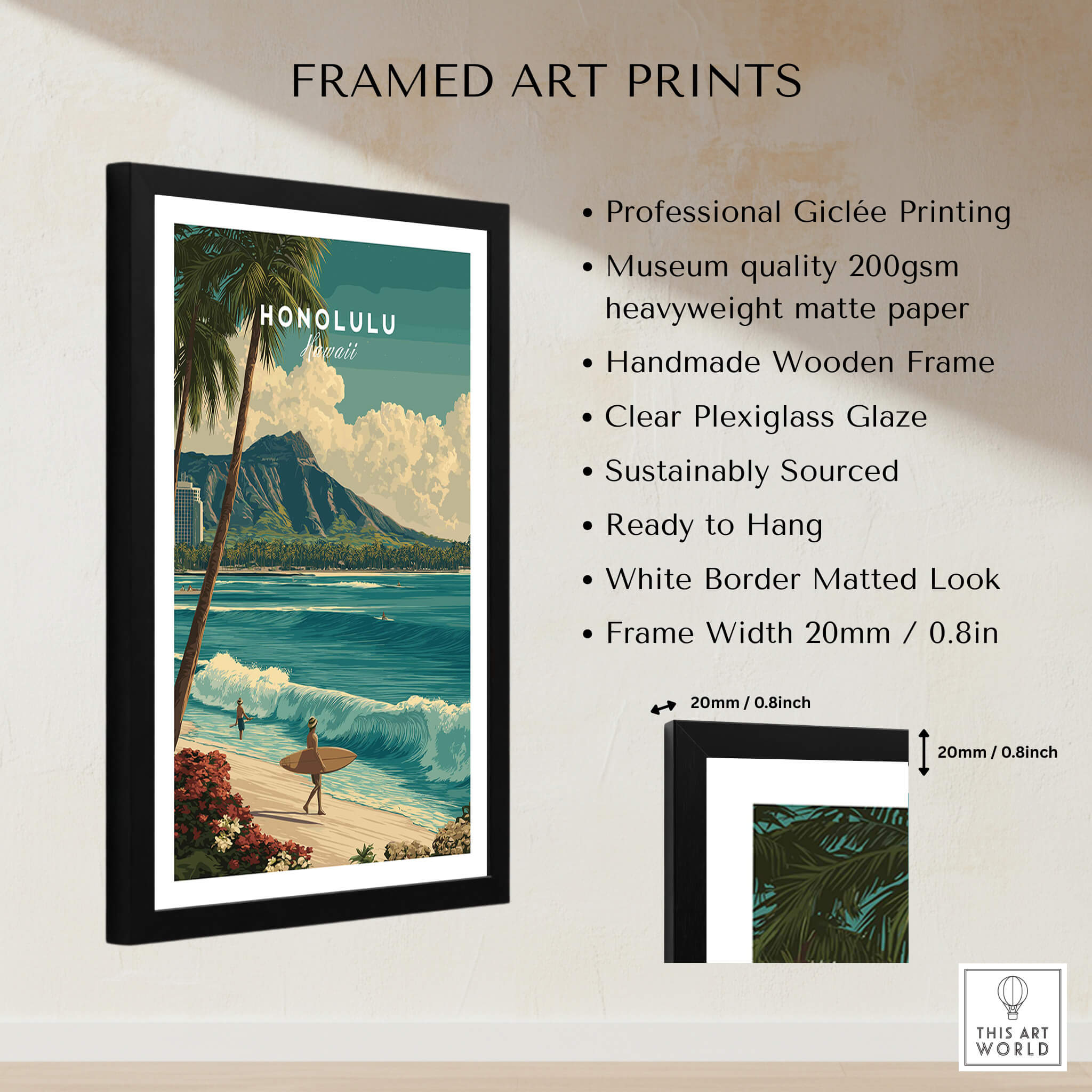 Honolulu Hawaii Wall Art Print | Waikiki Beach Surf Travel Poster framed art print on wall with details.
