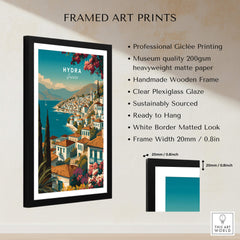 Hydra Greece Wall Art Print | Mediterranean Coastal Town Travel Poster framed art showcase with detailed features.