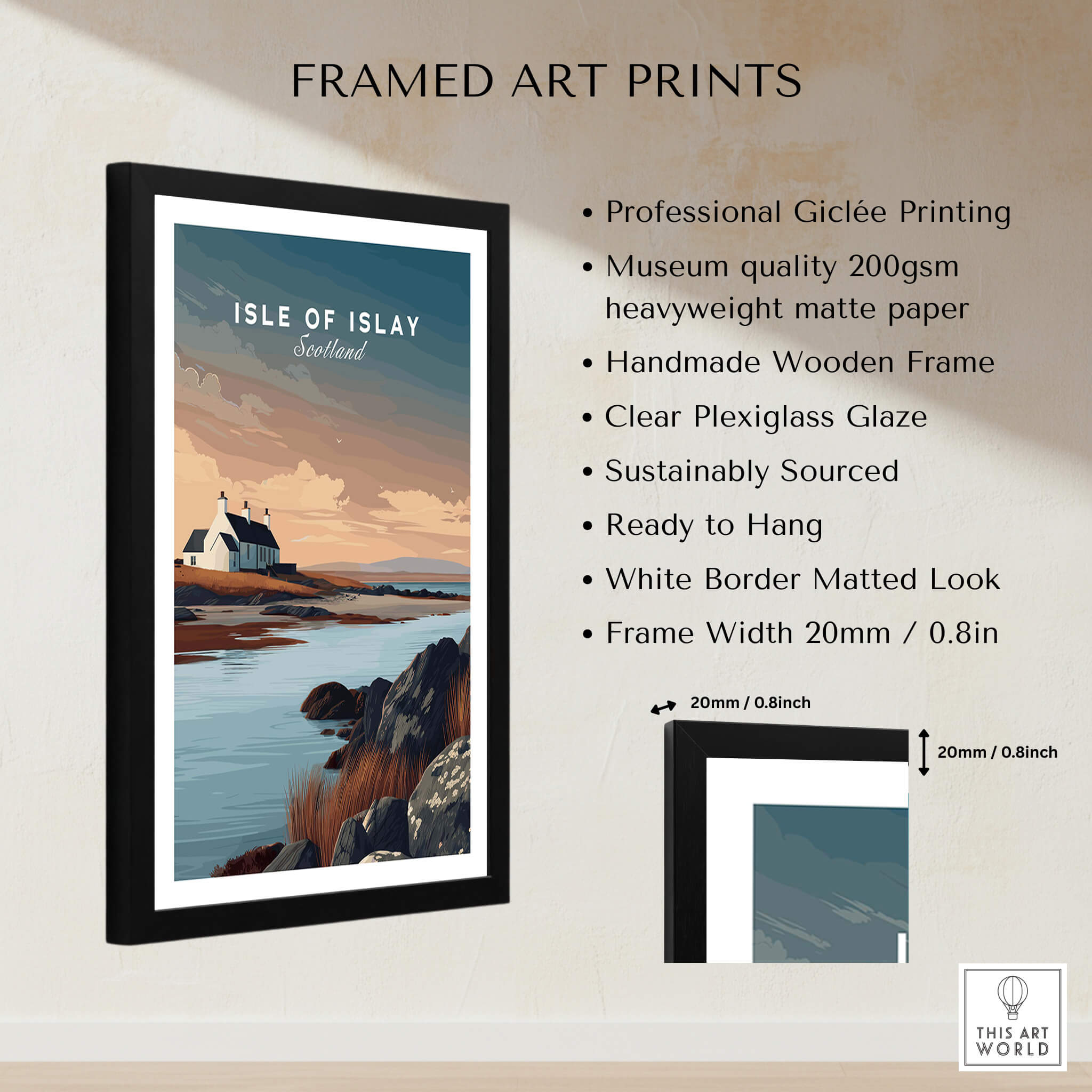 Isle of Islay Scotland Travel Posters | Scenic Coastal Cottage Wall Art Print showcasing a framed art print of Islay's landscape.